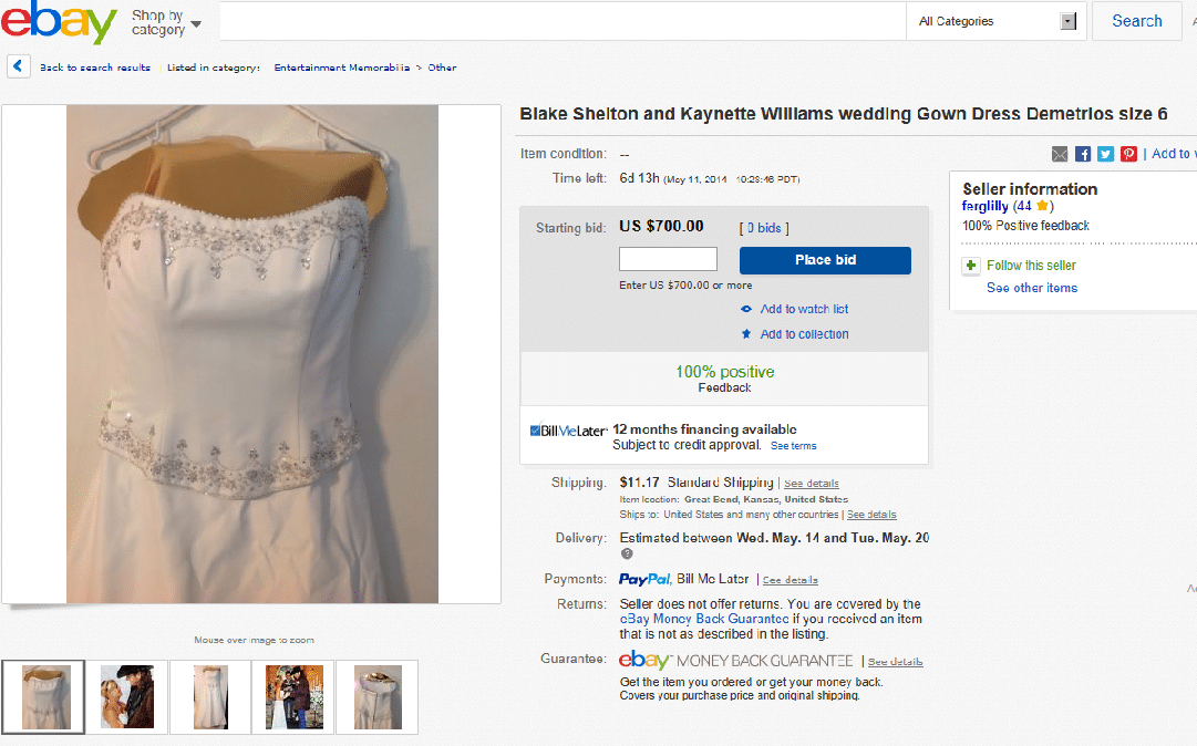 Blake Shelton's ex wife tried to sell her gown on ebay