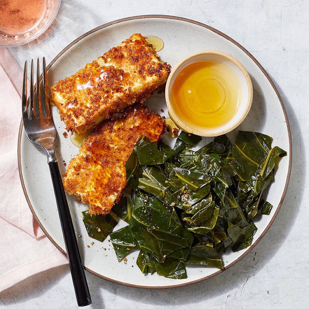 Buttermilk Fried Tofu with Smoky Collard Greens Recipe