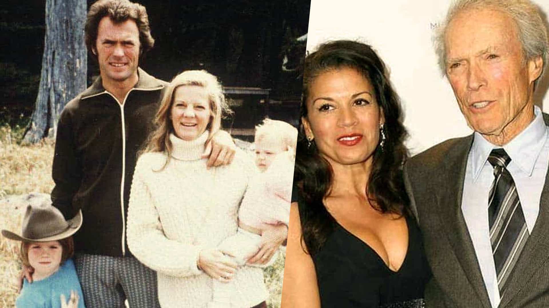 Clint Eastwood pictured with past partners and children, reflecting his complex romantic history.