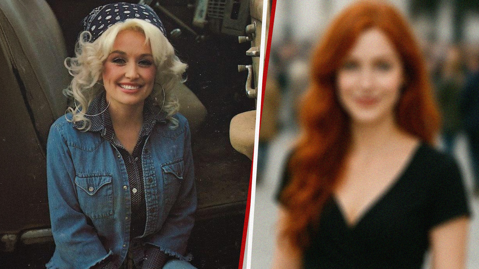 Side-by-side photo comparison of Dolly Parton and an Al-generated Jolene with auburn hair and green eyes, inspired by Dolly’s iconic lyrics.
