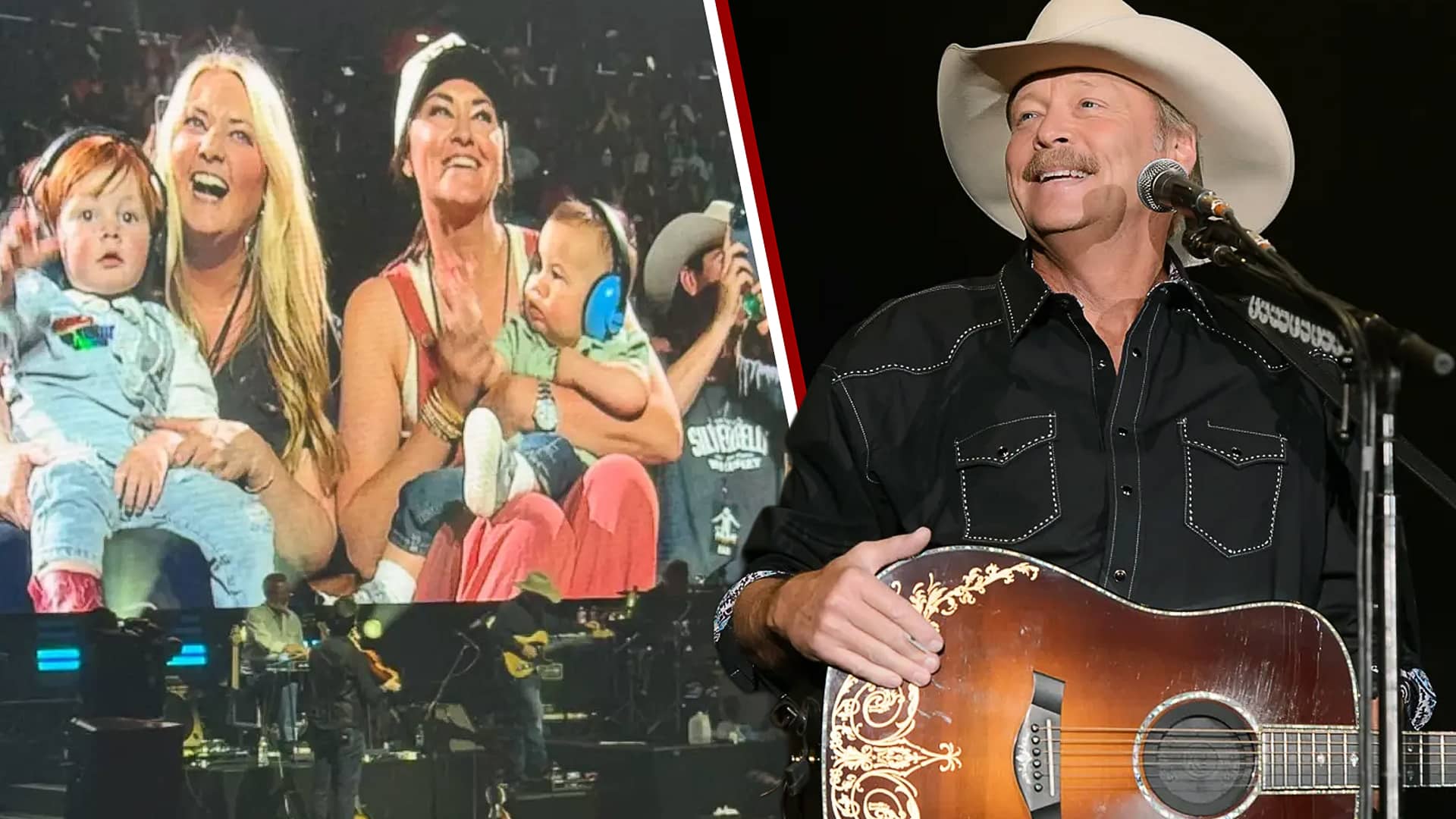 Alan Jackson performs onstage while his smiling grandkids watch from the crowd, capturing their first time seeing their country legend grandaddy live.