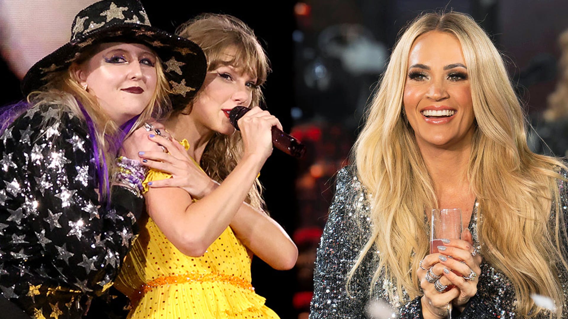 Presley Cash and Taylor Swift embrace during a performance while Carrie Underwood smiles in a sparkly dress, highlighting the rumored tension shared in an American Idol audition claim.