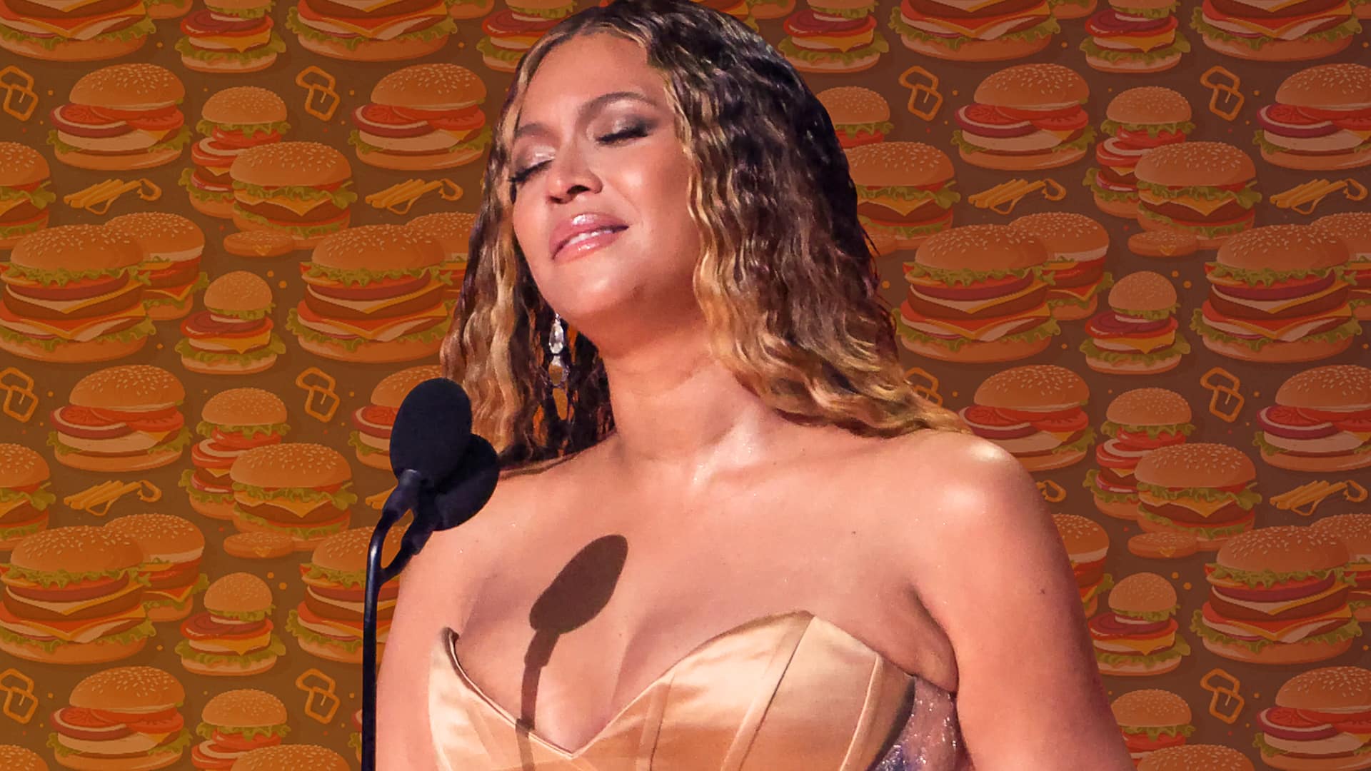 Beyoncé appears emotional in front of a background filled with cartoon burgers, symbolizing sadness over Cowboy Carter Tour ticket prices dropping so low they now cost less than a McDonald's meal.