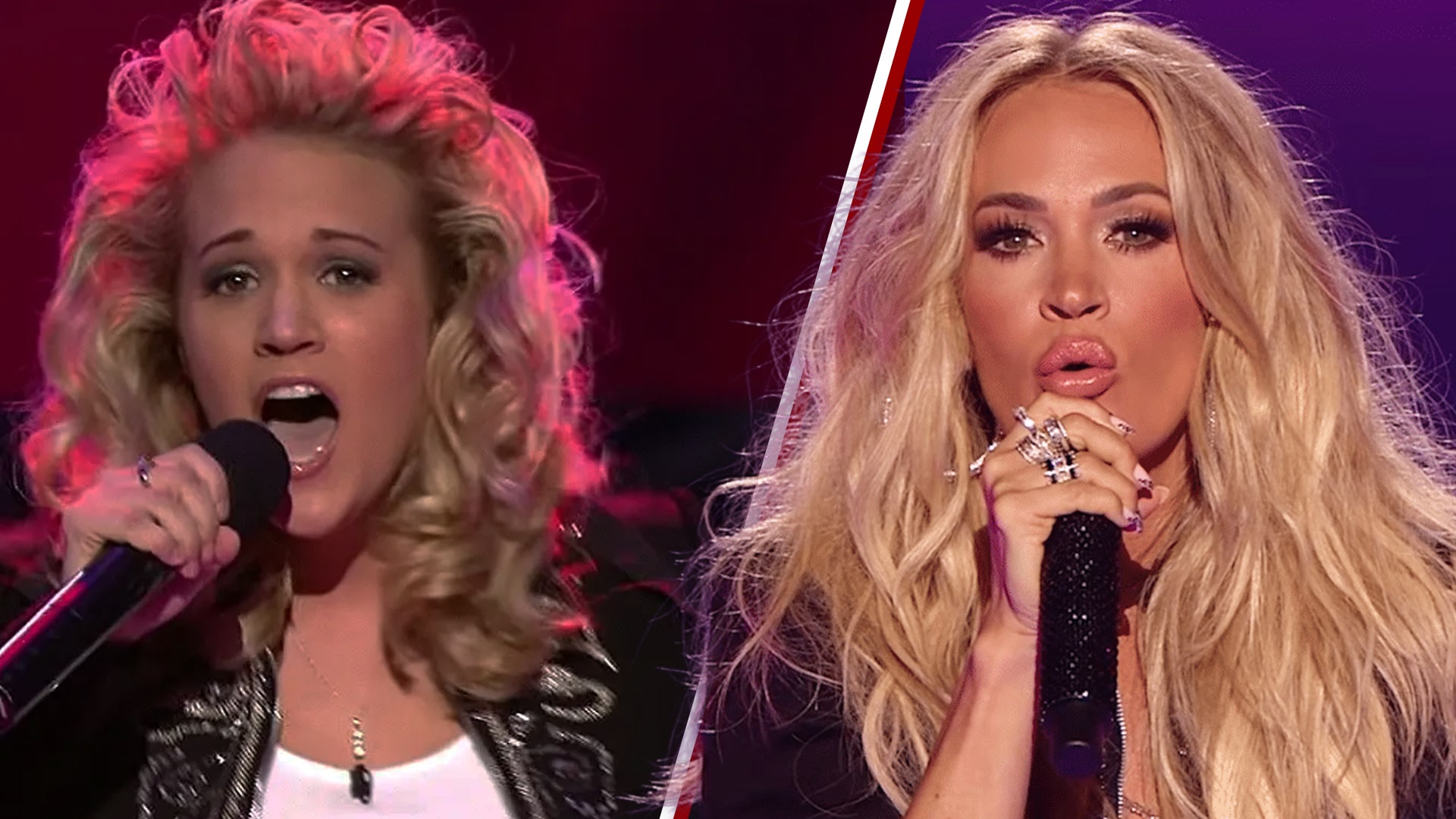 Carrie Underwood sings “Alone” on American Idol twenty years apart, shown side-by-side from 2005 and 2025, proving her powerhouse vocals still dominate.