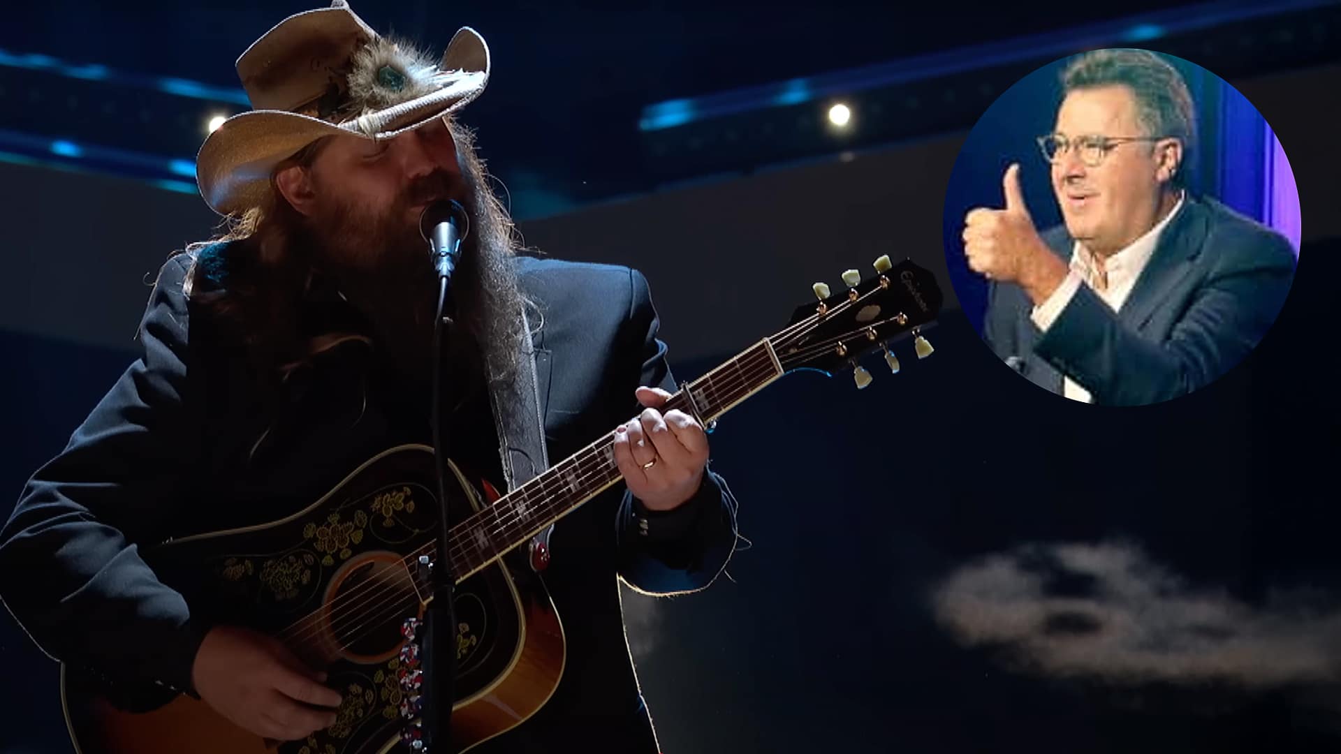 Chris Stapleton performs “Whenever You Come Around” during CMT Giants as Vince Gill watches from the audience, visibly moved by the tribute.