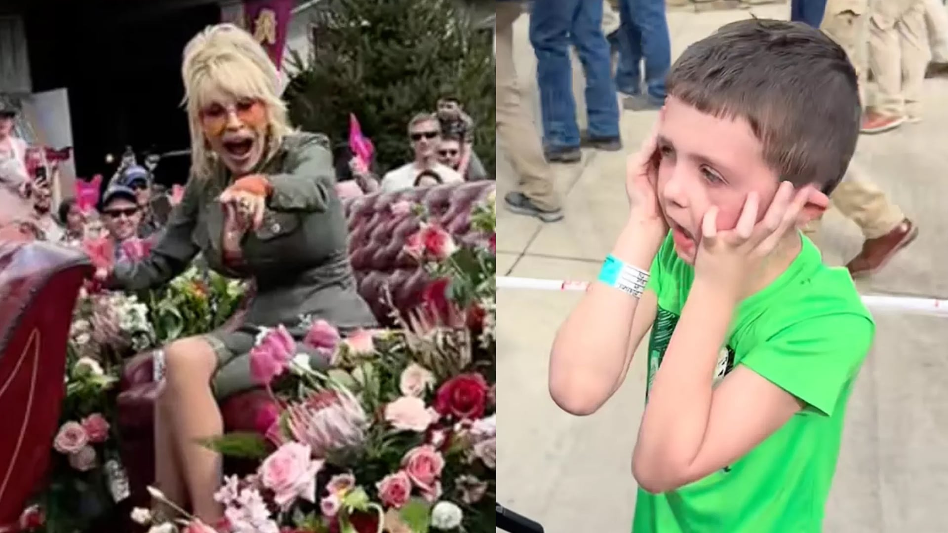 Dolly Parton points and smiles from a flower-filled parade float at Dollywood as 8-year-old Owen reacts with stunned joy, hands on his face in disbelief.