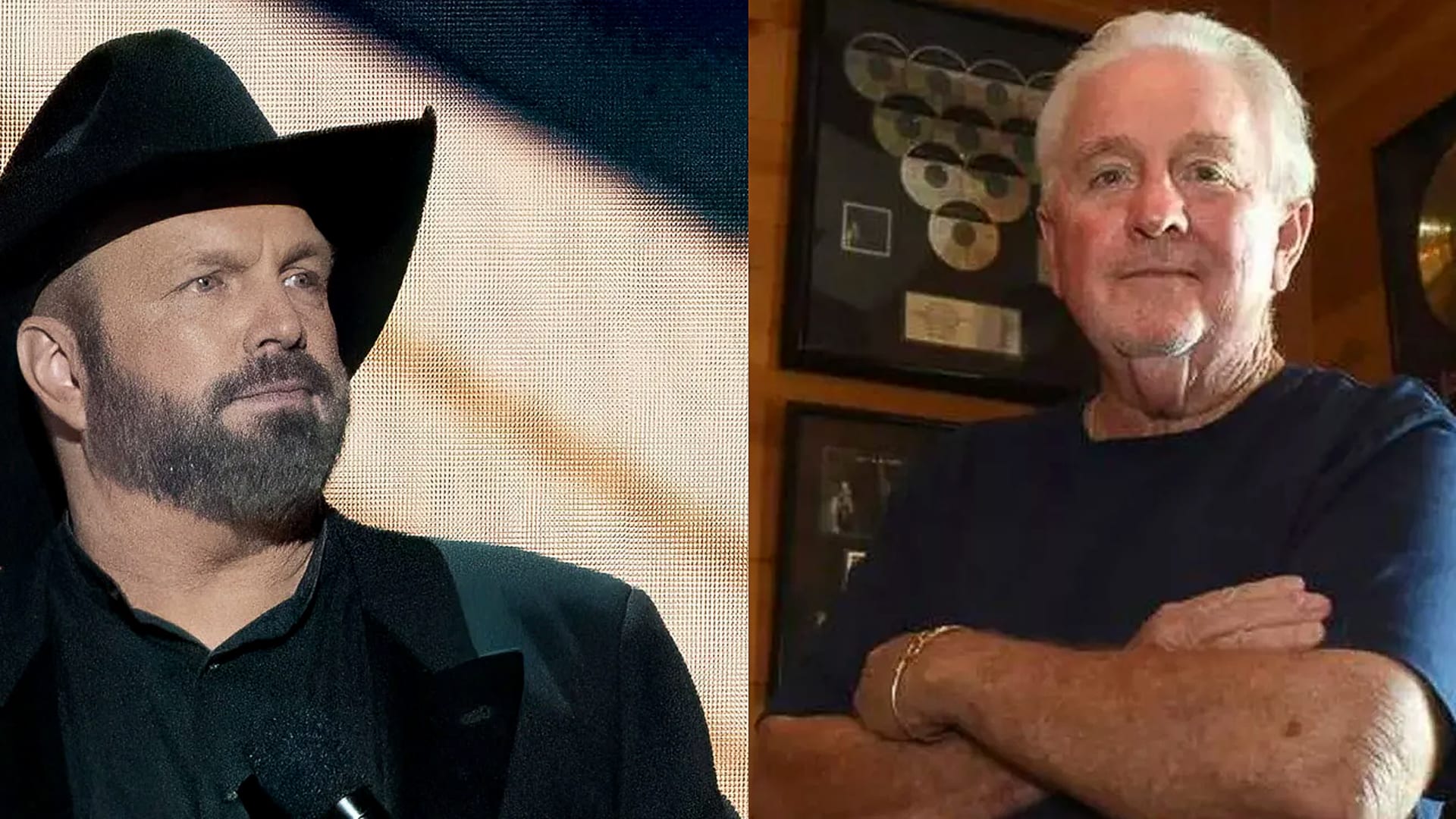 Garth Brooks appears emotional beside a photo of Larry Bastian, the late songwriter and mentor who helped shape Brooks’ early career and co-wrote “Unanswered Prayers.”