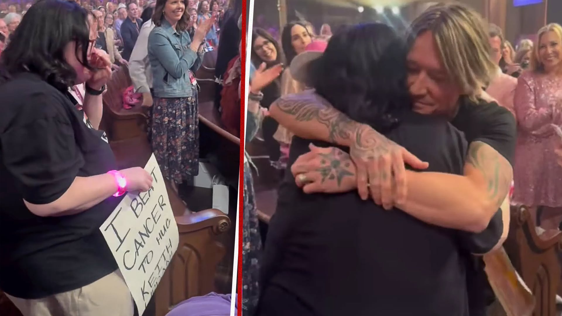 Keith Urban hugs cancer survivor in audience after seeing her “I beat cancer to hug Keith Urban” sign during Nashville benefit concert.