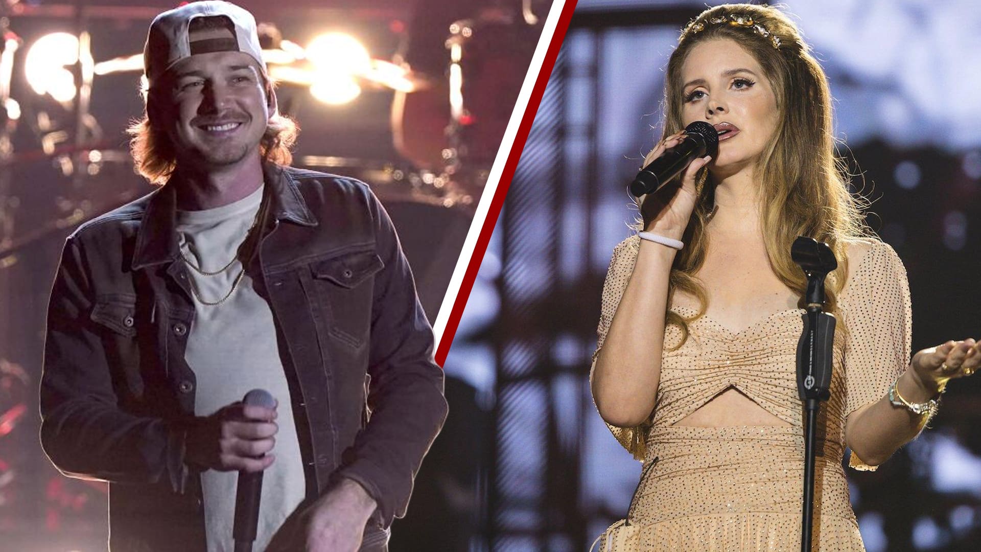 Lana Del Rey performs onstage at Stagecoach while Morgan Wallen appears on a split screen, highlighting the tension after her lyric referencing him sparks fan buzz.