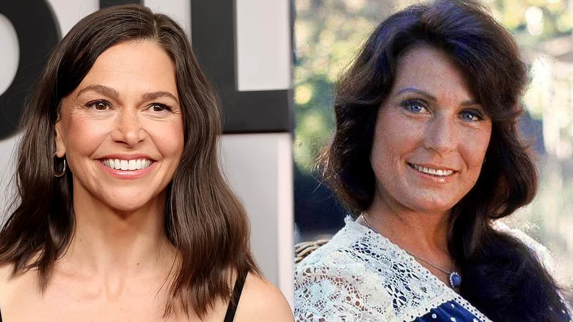 Side-by-side of Sutton Foster and Loretta Lynn, highlighting Foster’s casting as the country legend in the new Broadway musical Coal Miner’s Daughter.
