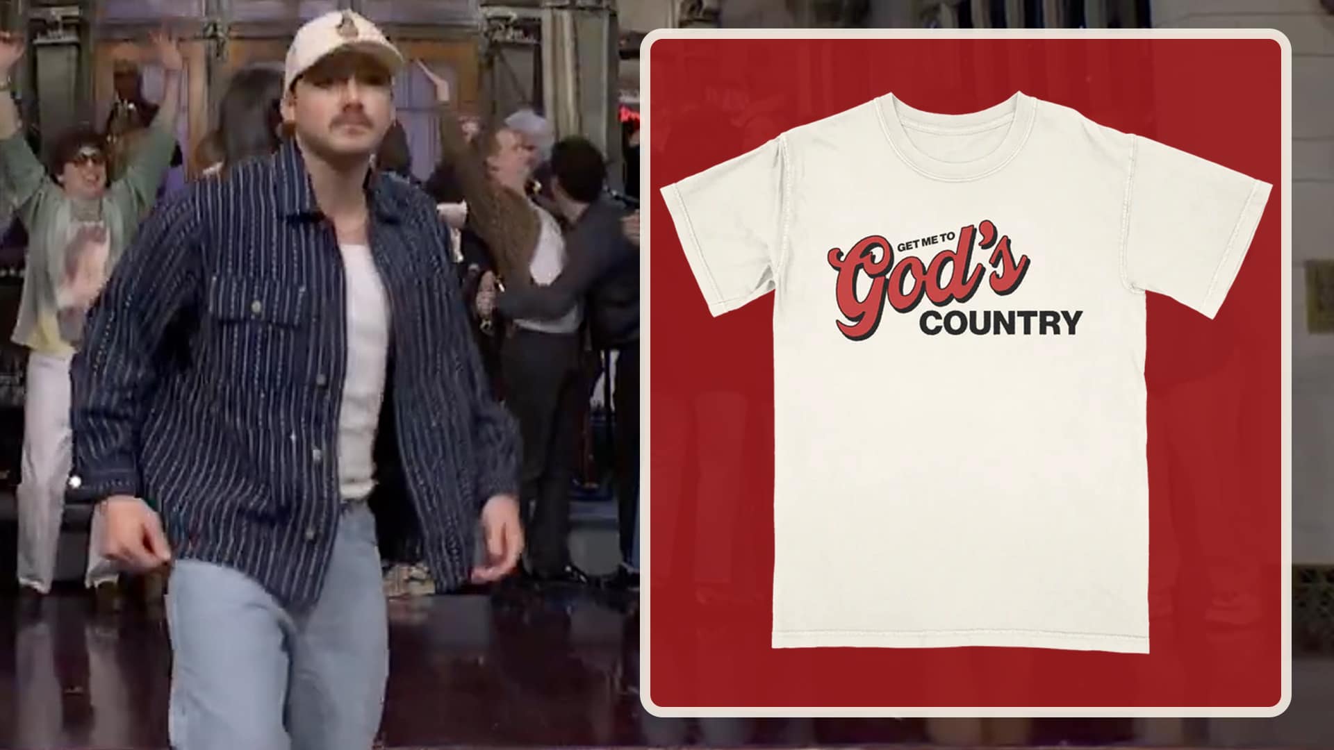 Morgan Wallen's "Get Me to God's Country" T-shirt features bold red and black lettering on an ivory background, styled in distressed Americana fashion.