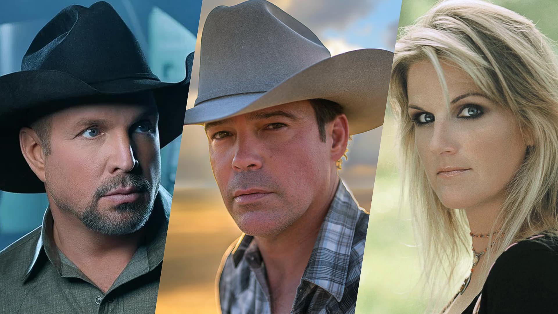 Garth Brooks, Clay Walker, and Trisha Yearwood—three of country music’s best-selling stars of the 1990s—pictured in a collage, representing the artists who defined the decade and left lasting legacies in the genre.