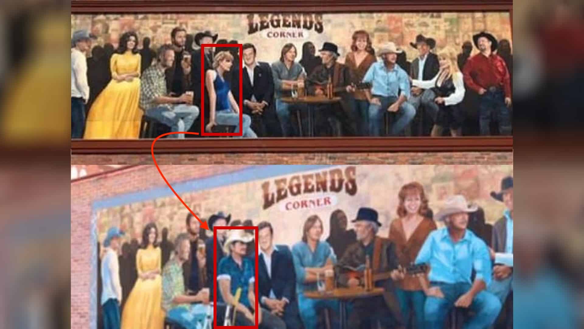 Side-by-side comparison of Nashville’s Legends Corner mural showing Taylor Swift painted over and replaced by Brad Paisley in the updated version.