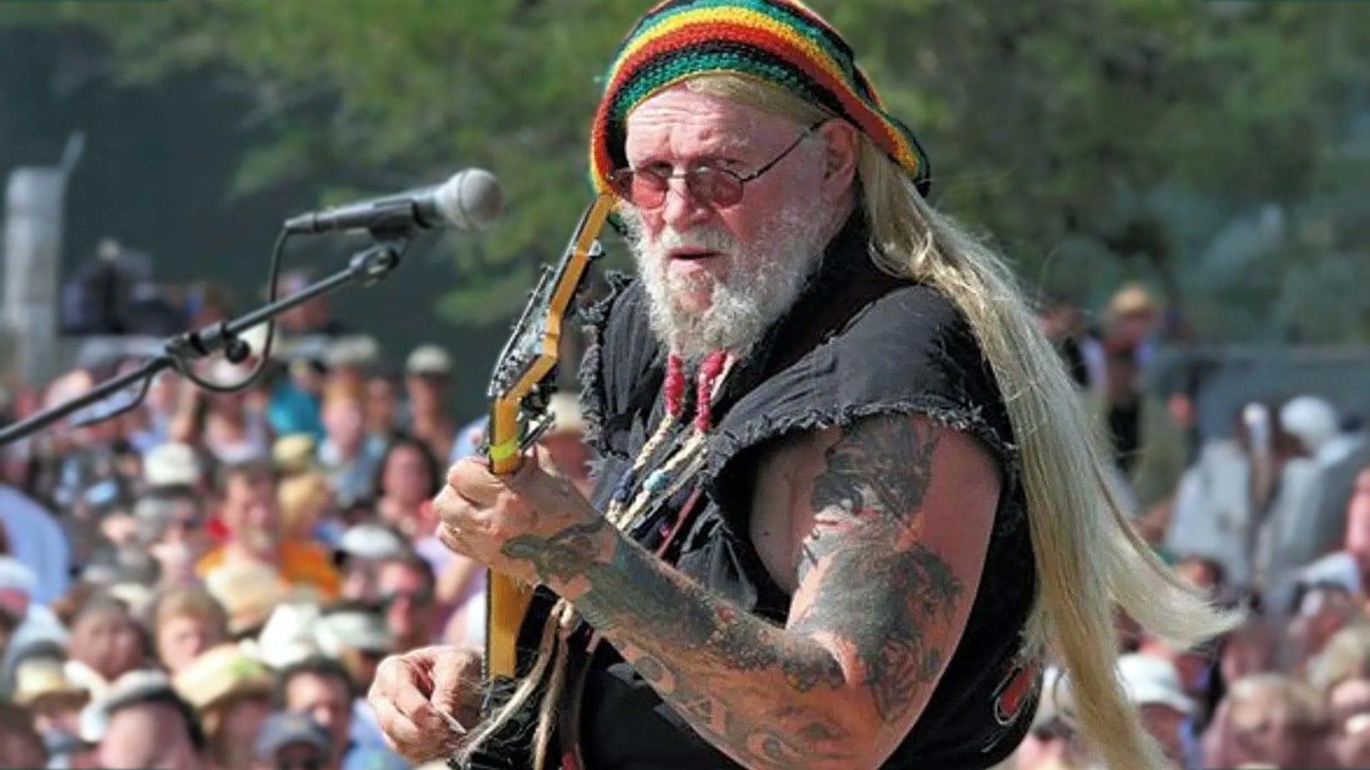 David Allan Coe performing outdoors with long blond hair, a beard, colorful knit cap, sunglasses, and tattooed arms, playing guitar in front of a large crowd.