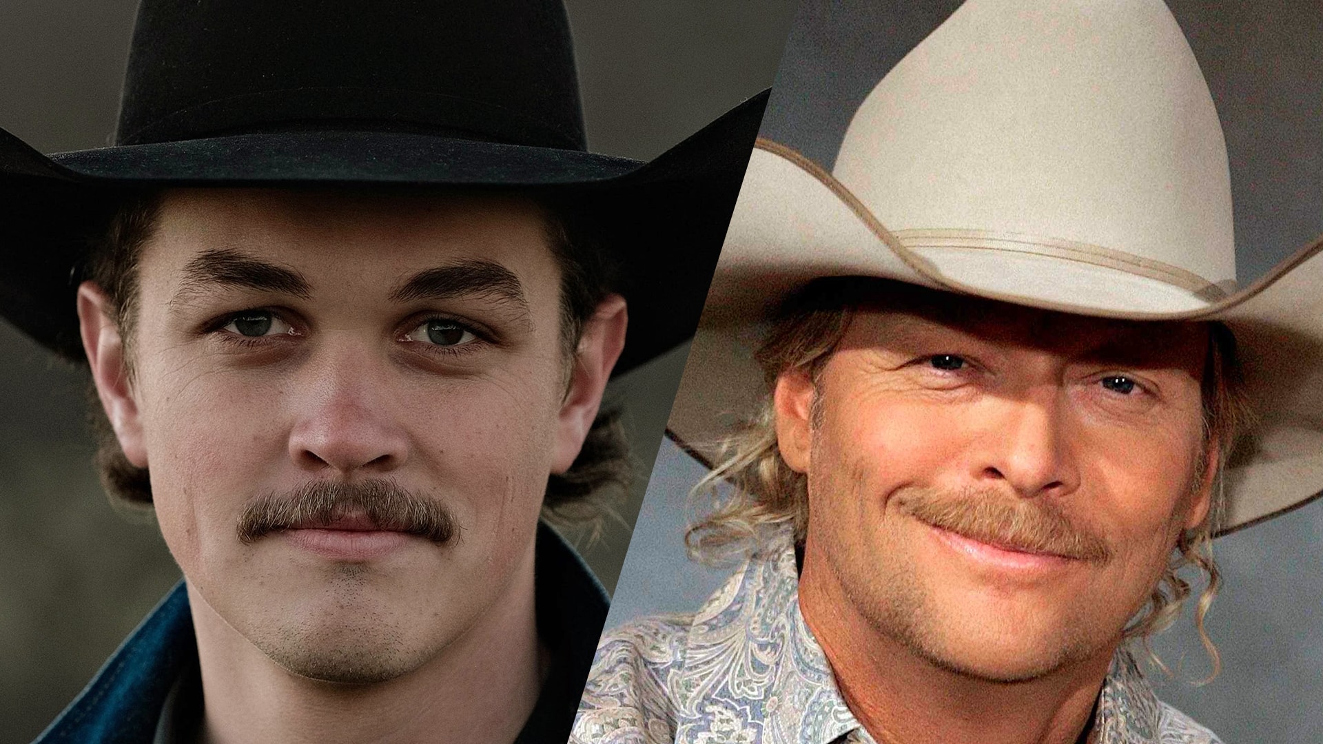 Side-by-side photo of Zach Top and Alan Jackson both wearing cowboy hats and sporting mustaches, sparking playful father-son comparisons online.