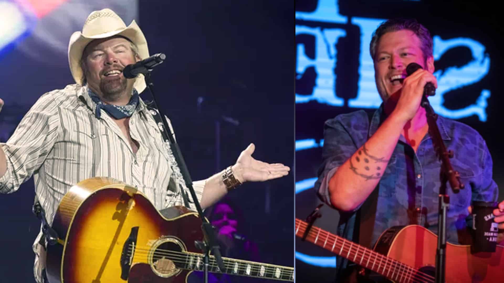 Split image of Toby Keith and Blake Shelton performing with guitars; highlights the backstory of how Shelton’s label passed on “I Wanna Talk About Me,” which became a massive hit for Keith.