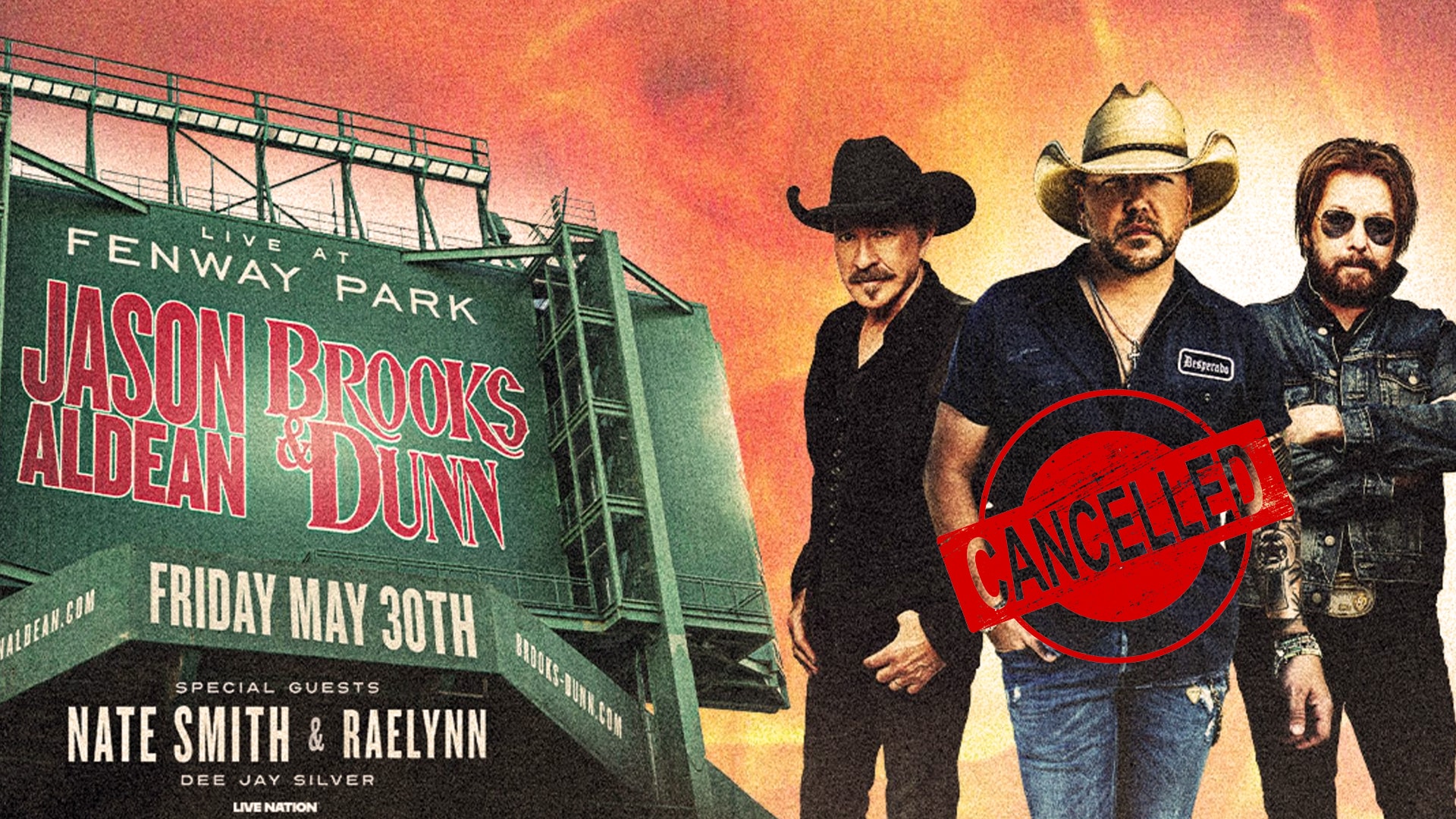 Fenway Park cancels Jason Aldean and Brooks & Dunn concert just one day before the scheduled show.