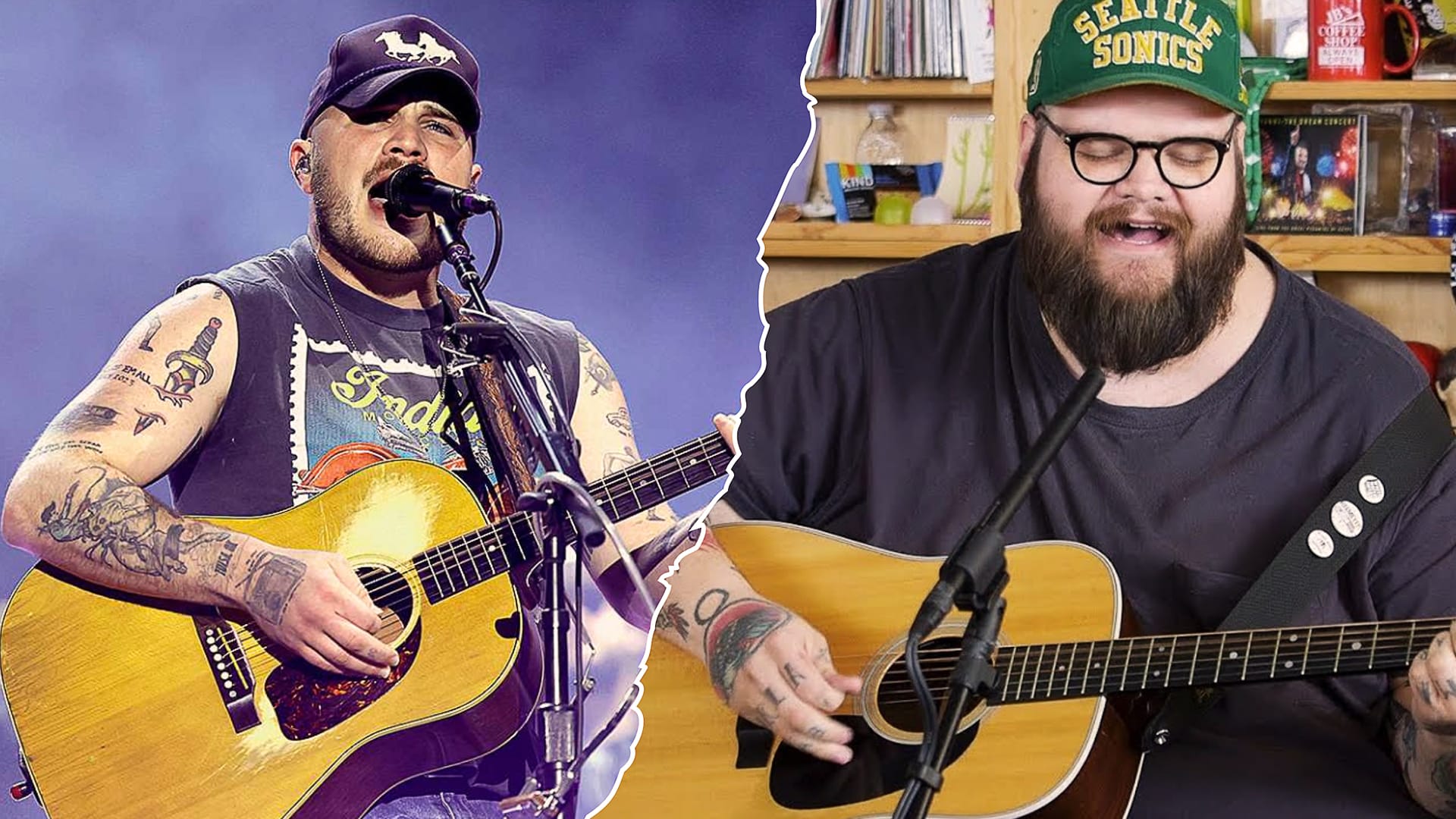Split image of Zach Bryan performing live on stage with guitar and John Moreland playing guitar in a studio; reflects their public feud following a canceled collaboration.