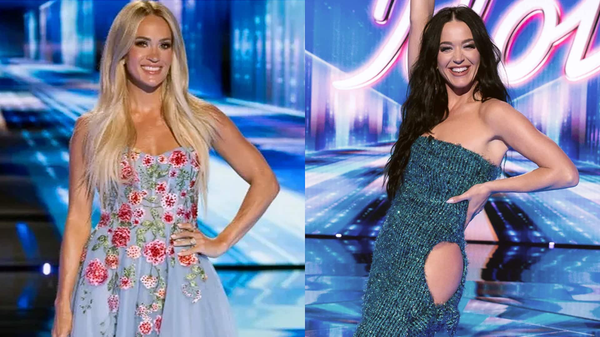 Carrie Underwood and Katy Perry pose separately on the American Idol stage, amid reports that Underwood wasn’t ABC’s first choice to replace Perry on the judging panel.