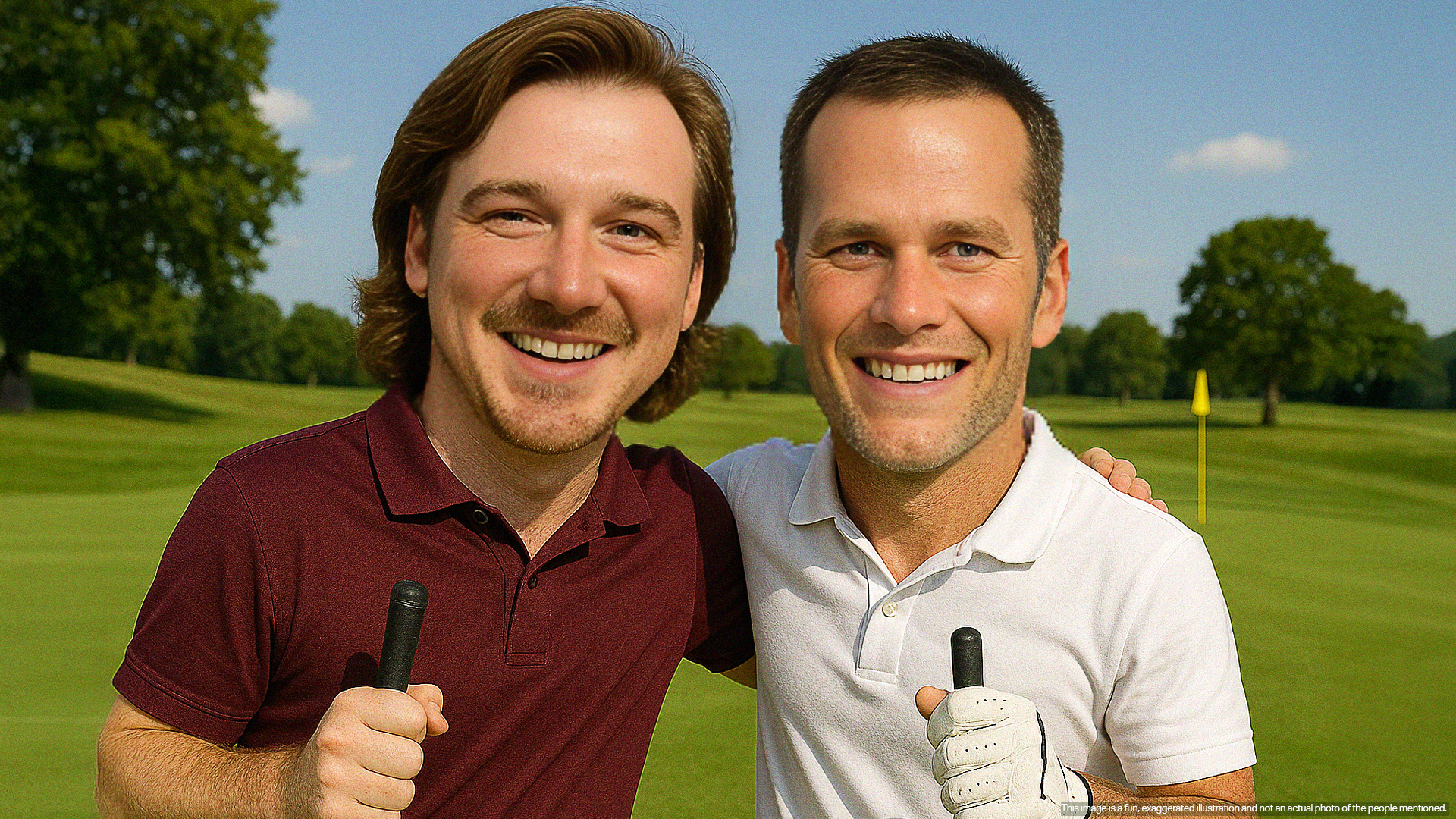Morgan Wallen and Tom Brady pose together on a golf course, smiling with clubs in hand, in a playful, digitally created image meant for humorous effect—not an actual photo.