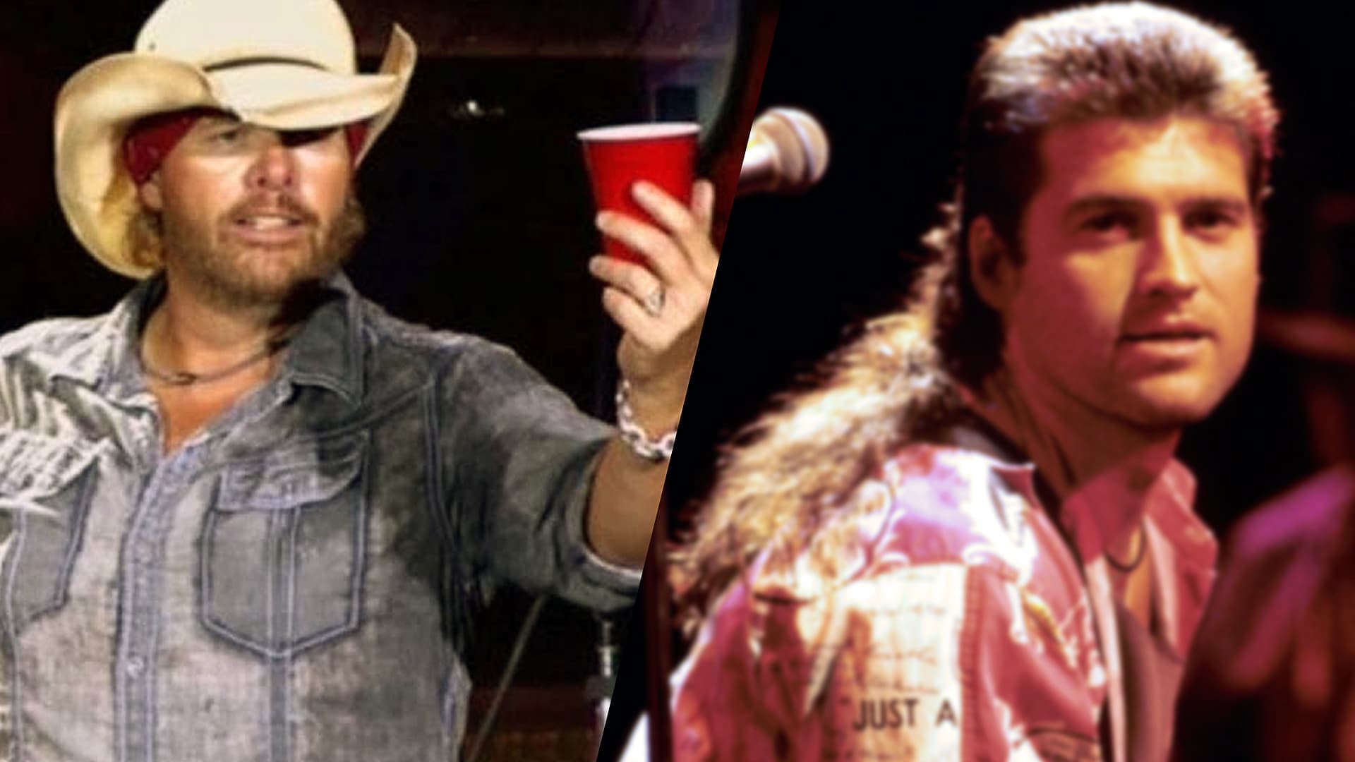 Toby Keith and Billy Ray Cyrus, two artists behind massive but polarizing hits, pictured in a split image representing 7 cringeworthy country songs that still ruled the charts.