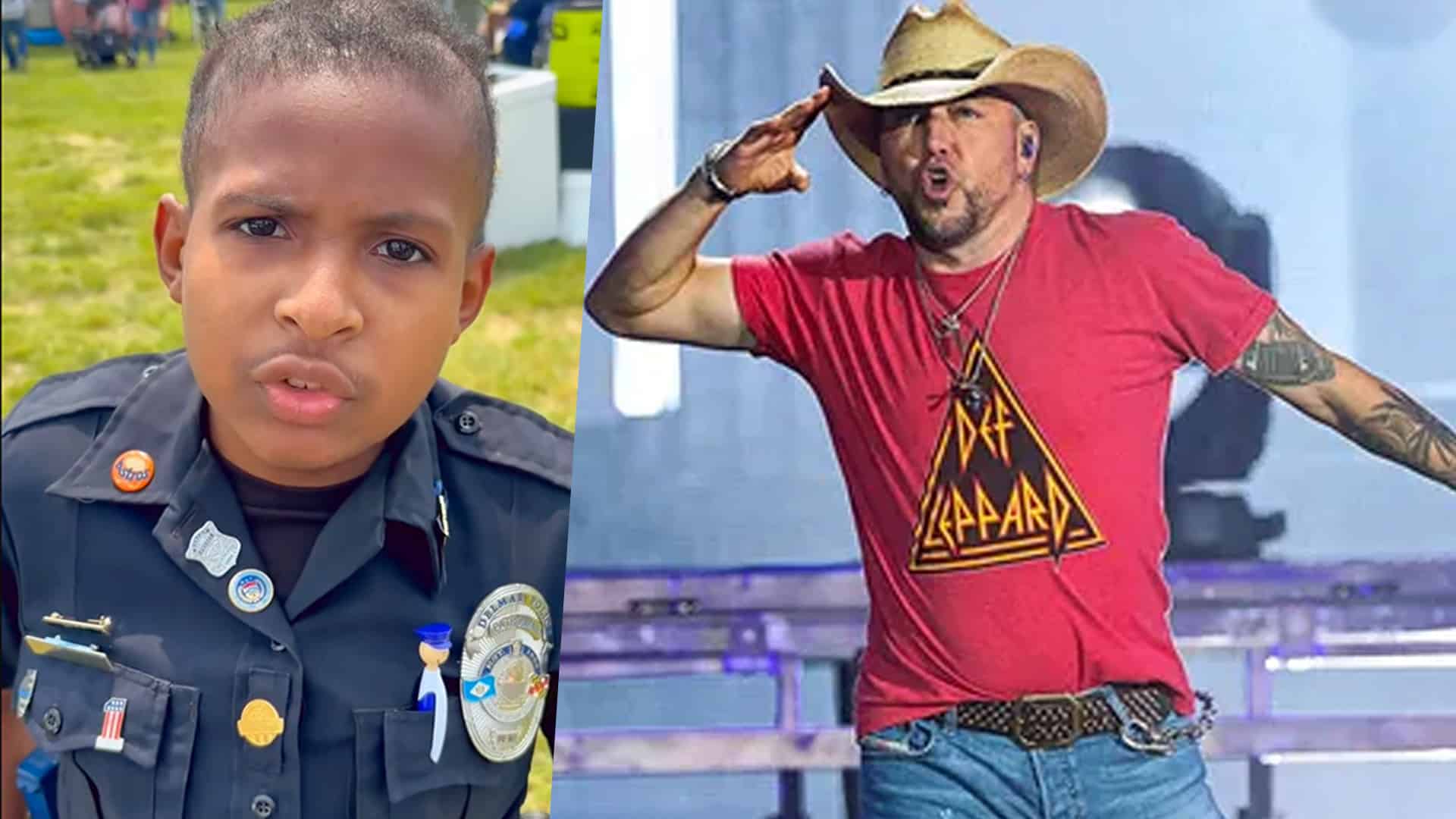 DJ Daniel, a young honorary officer, stands proud as Jason Aldean salutes onstage—now teaming up for a benefit show supporting kids with cancer.