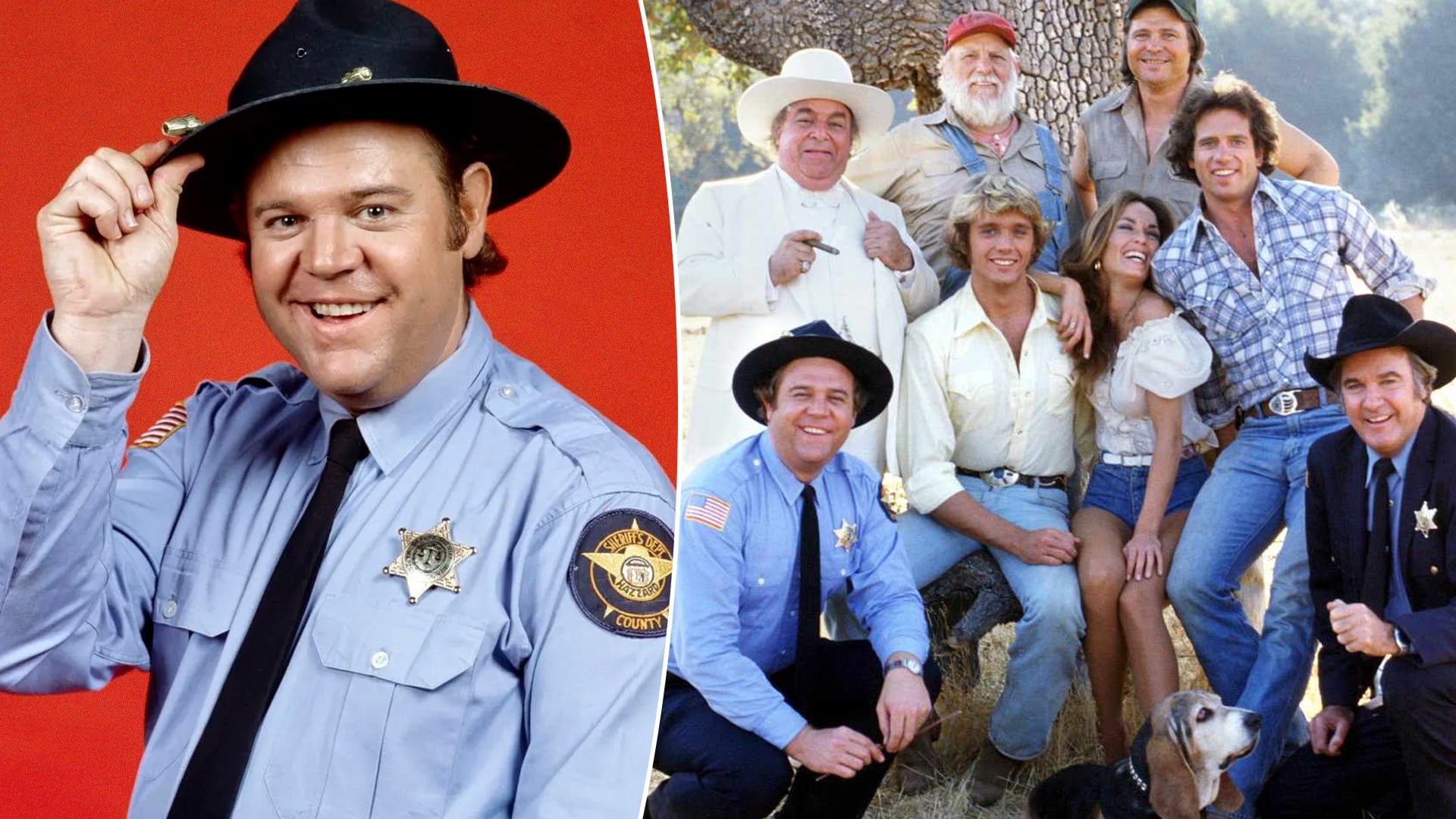 John Schneider’s ‘Dukes of Hazzard’ tribute honors Rick Hurst, pictured here as Deputy Cletus Hogg with the cast smiling.