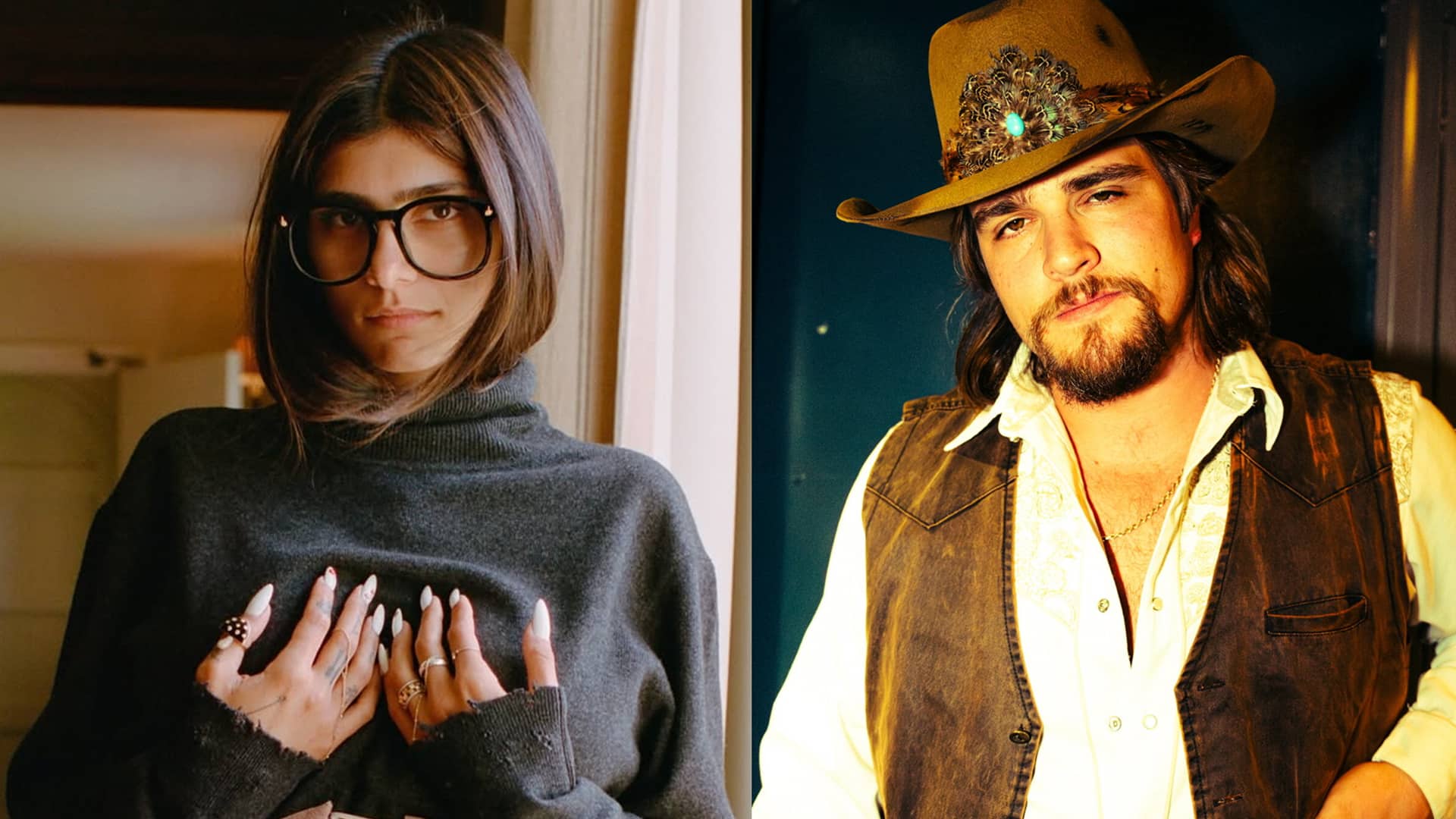Mia Khalifa poses indoors while Gavin Adcock stares boldly, reflecting their online clash over Morgan Wallen’s tour diss.