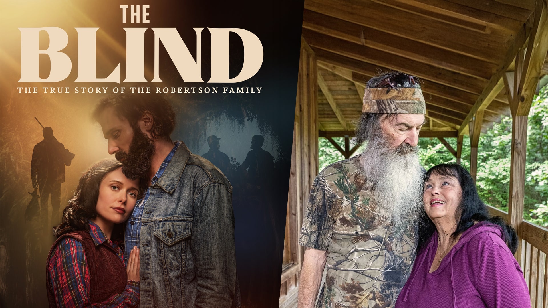 Side-by-side image of the official movie poster for The Blind: The True Story of the Robertson Family and a touching real-life photo of Phil and Kay Robertson sharing a quiet moment on a wooden porch, capturing both the dramatized and authentic essence of Phil Robertson’s redemption journey.