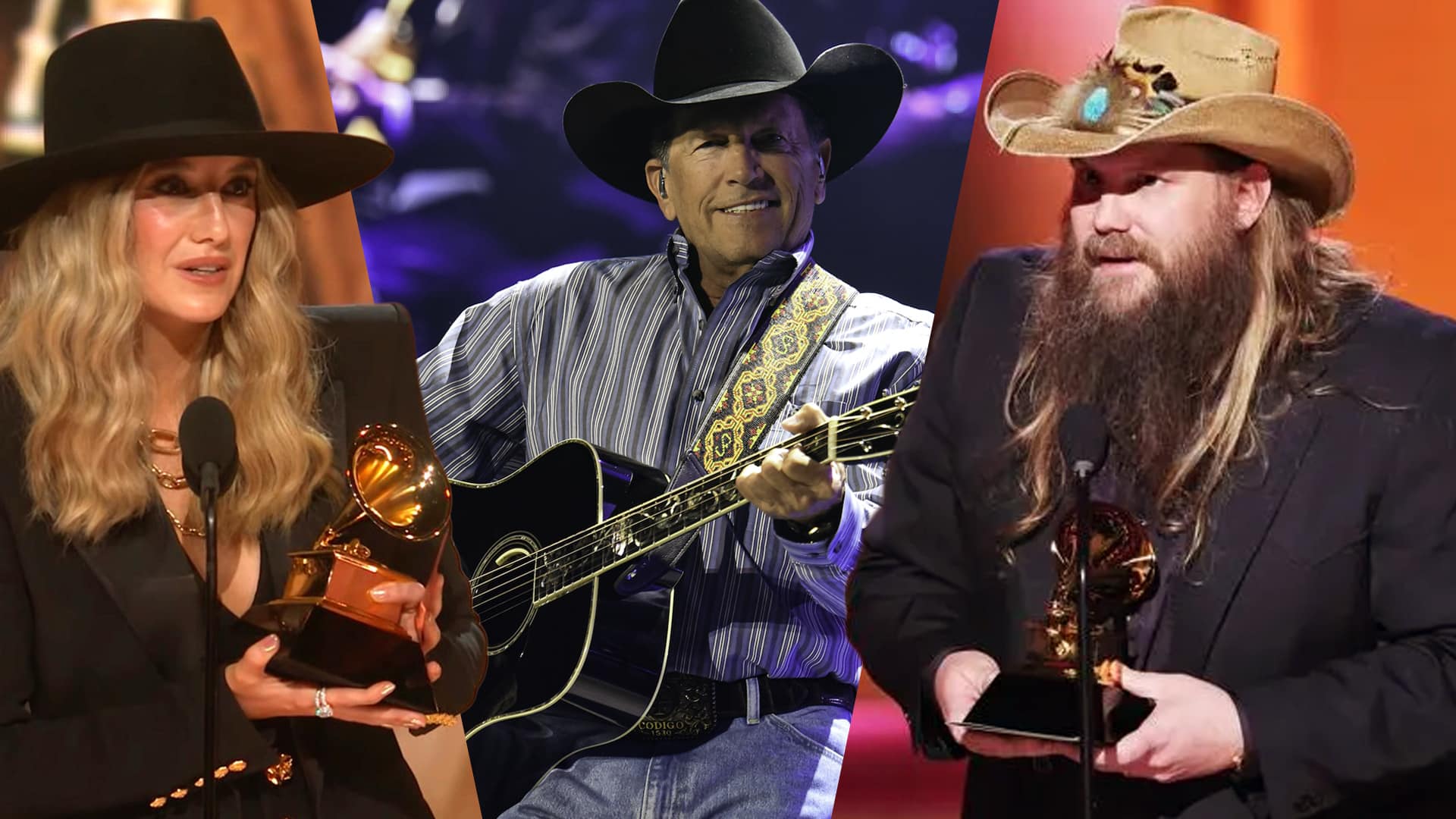 Lainey Wilson, George Strait, and Chris Stapleton are featured in a celebratory graphic as the Grammys announce a new Traditional Country Album category, finally recognizing the roots of real country music.