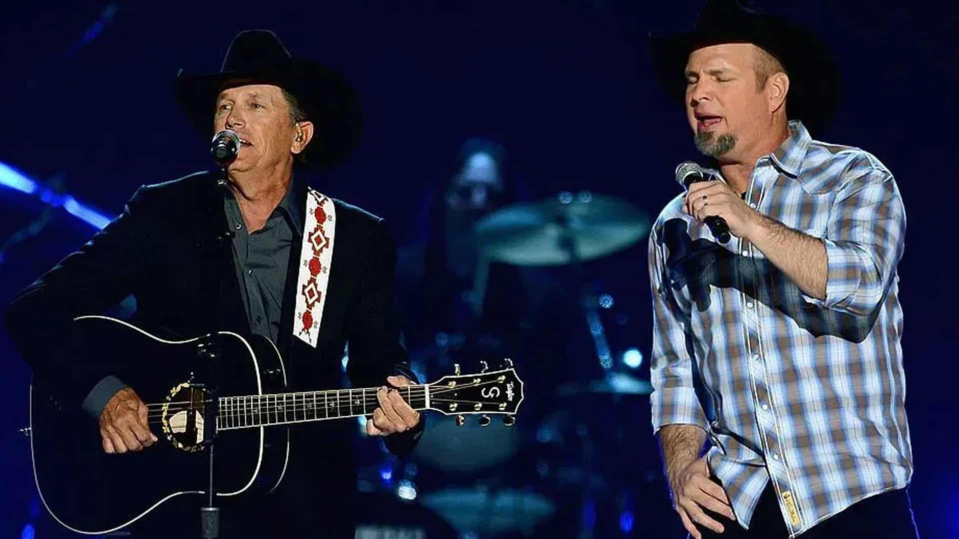 George Strait and Garth Brooks perform side by side at a heartfelt flood relief concert in Boerne, Texas.