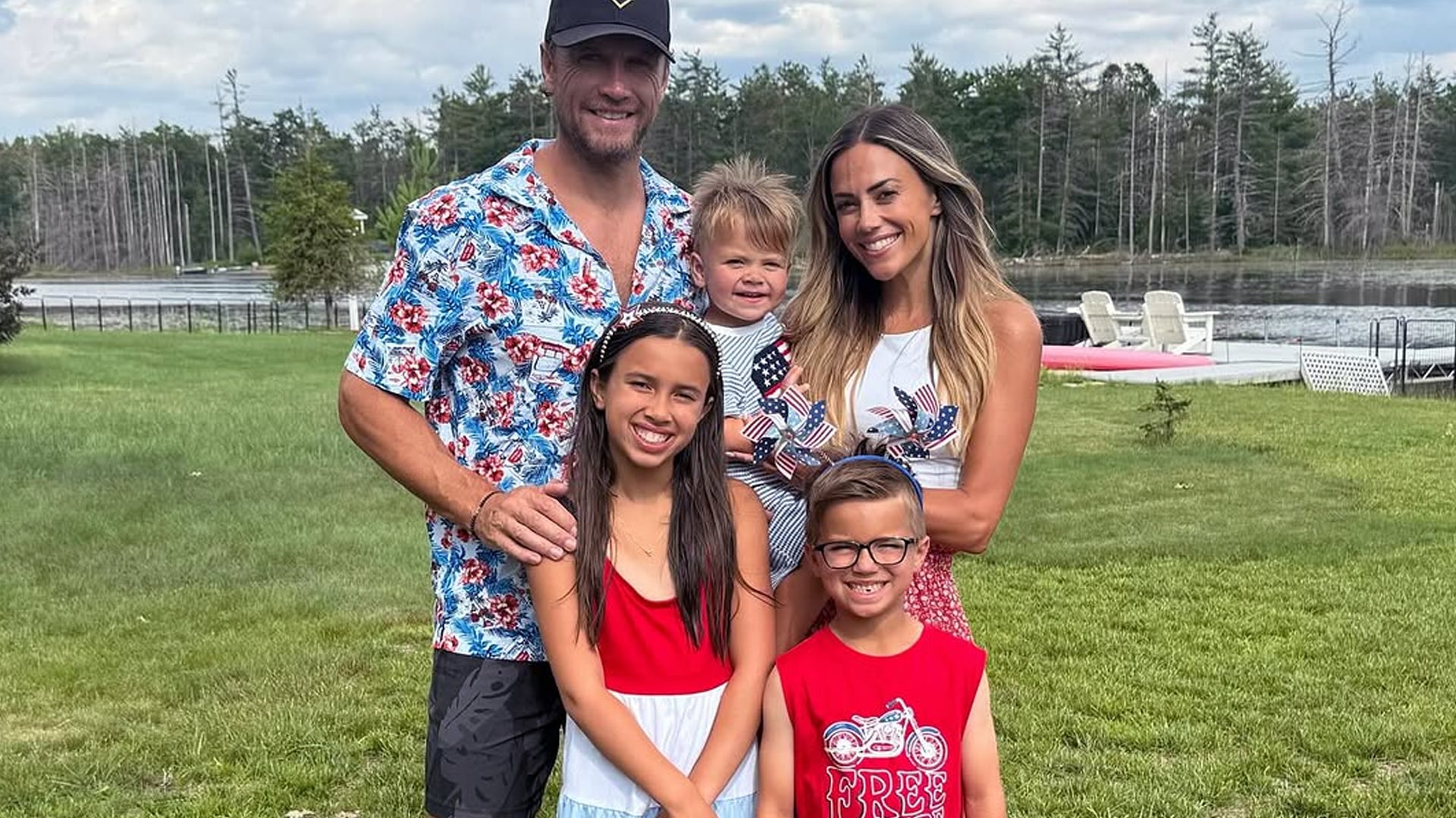 Jana Kramer with husband Allan Russell and her kids outdoors, not taken when she admitted she sometimes skips sunscreen.
