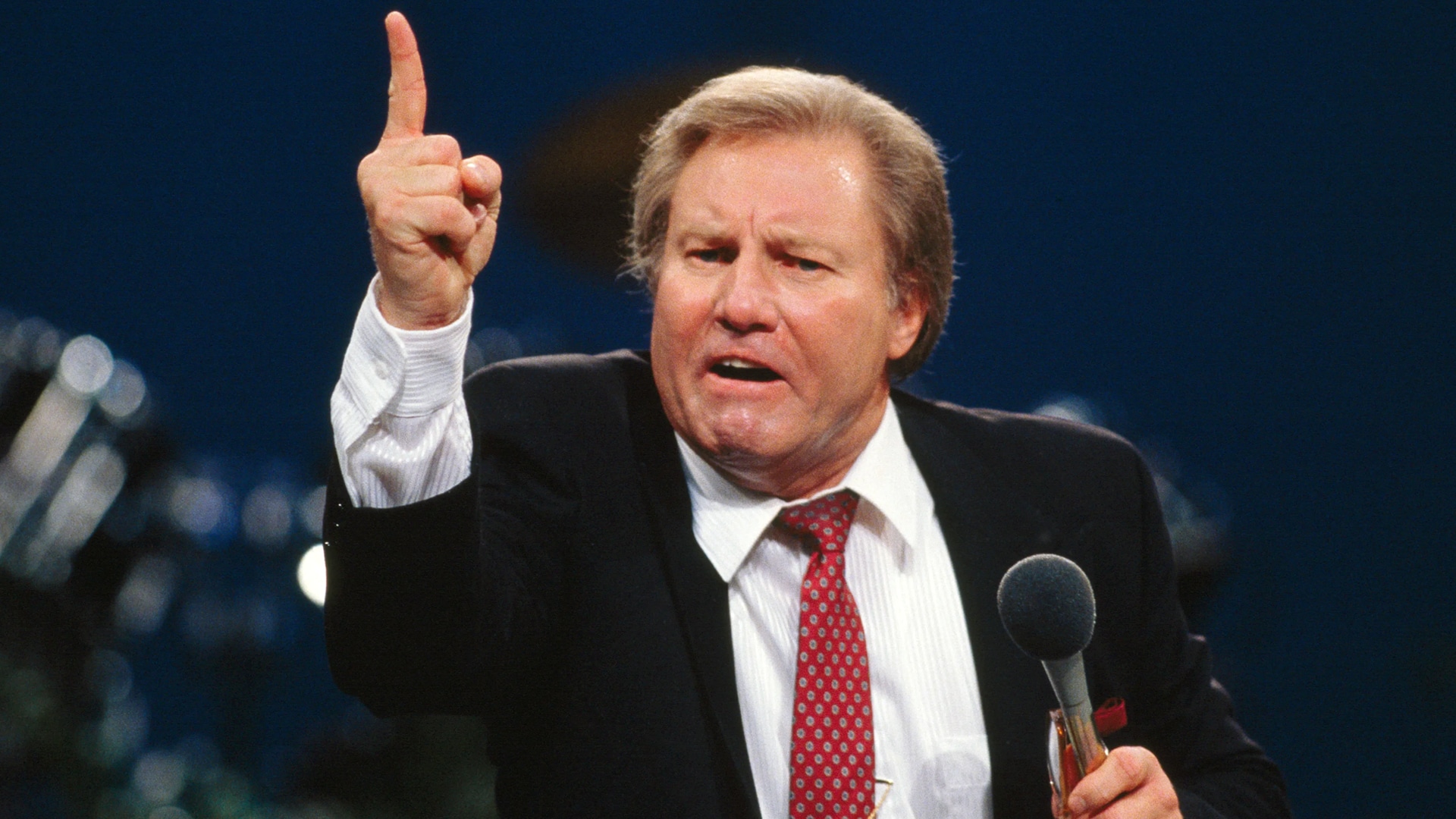 Jimmy Swaggart preaching passionately in an undated photo, remembered now after his death at 90 from a heart attack.