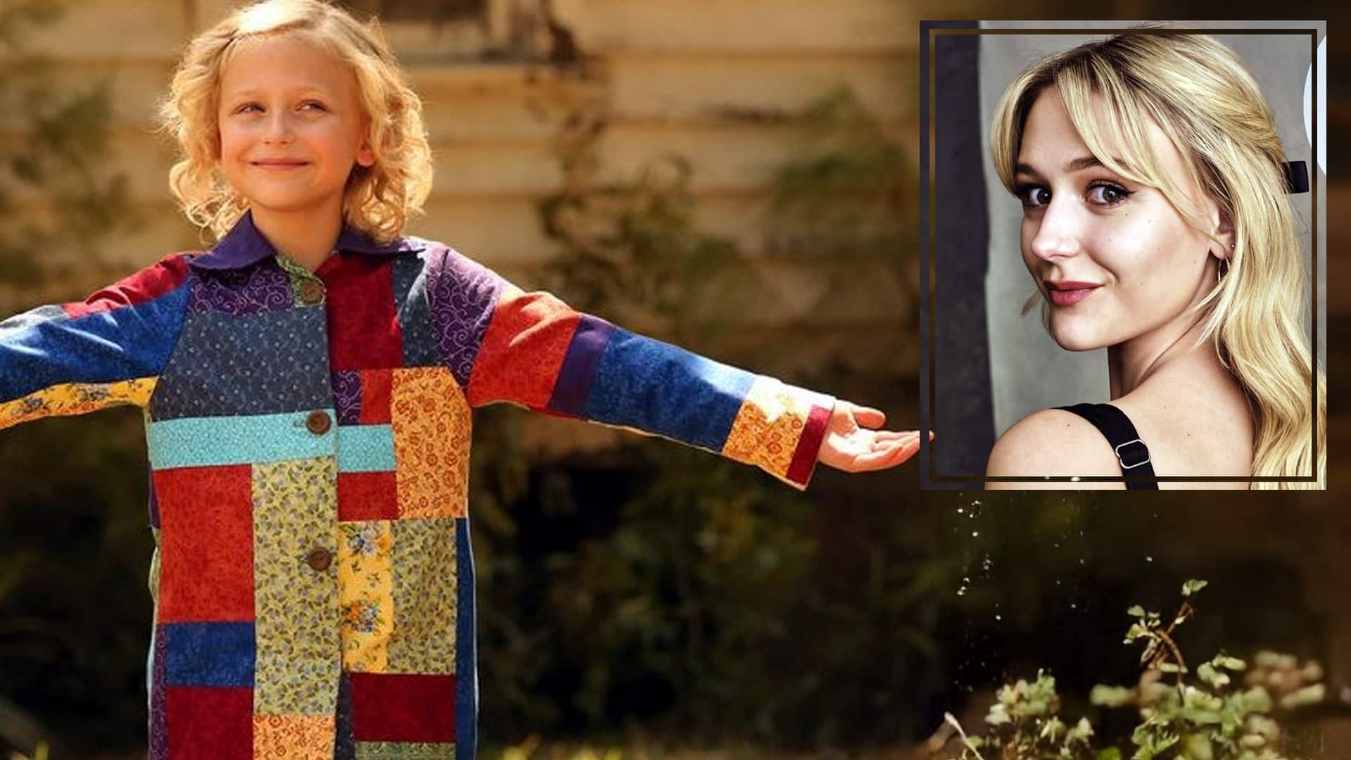 A young Alyvia Alyn Lind flashes a joyful smile as she stretches out her arms in Dolly Parton’s vibrant patchwork coat from Coat of Many Colors.