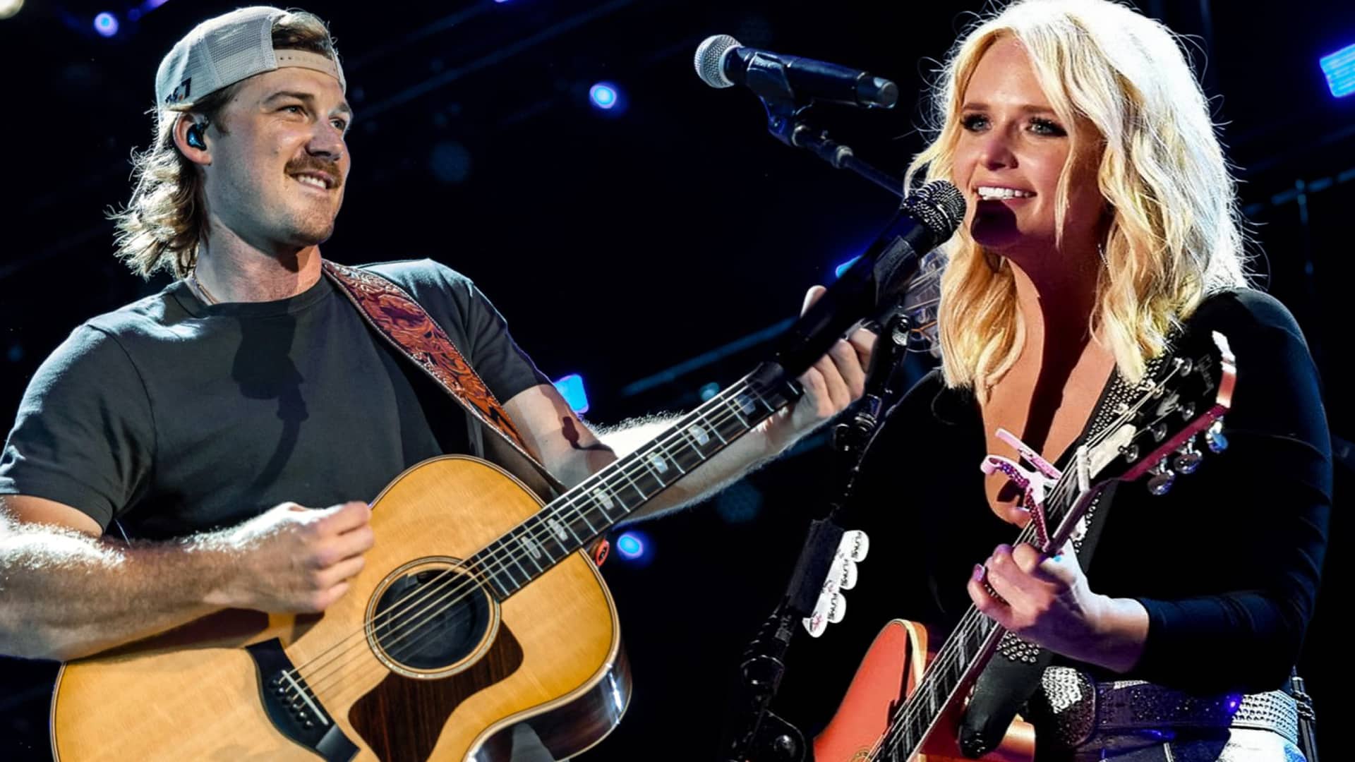 Morgan Wallen and Miranda Lambert performing on stage with guitars as examples of country stars who proved TV talent show judges wrong.
