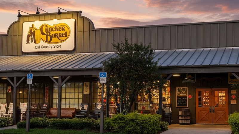Cracker Barrel restaurant exterior at sunset, returning to its classic logo design after backlash.