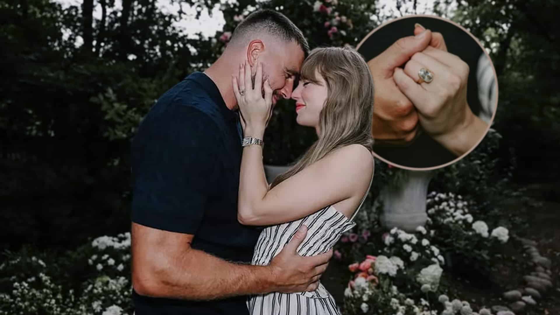 Taylor Swift and Travis Kelce embracing in a garden after announcing their engagement, with a close-up of Swift’s ring.