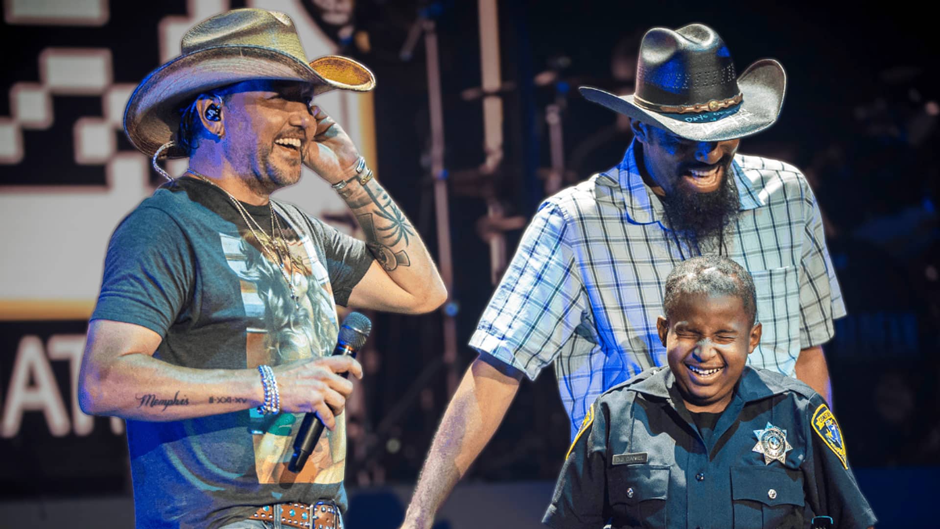Jason Aldean shares the stage with young cancer warrior DJ Daniel in Houston after raising $200,000 for Heroes for Children.