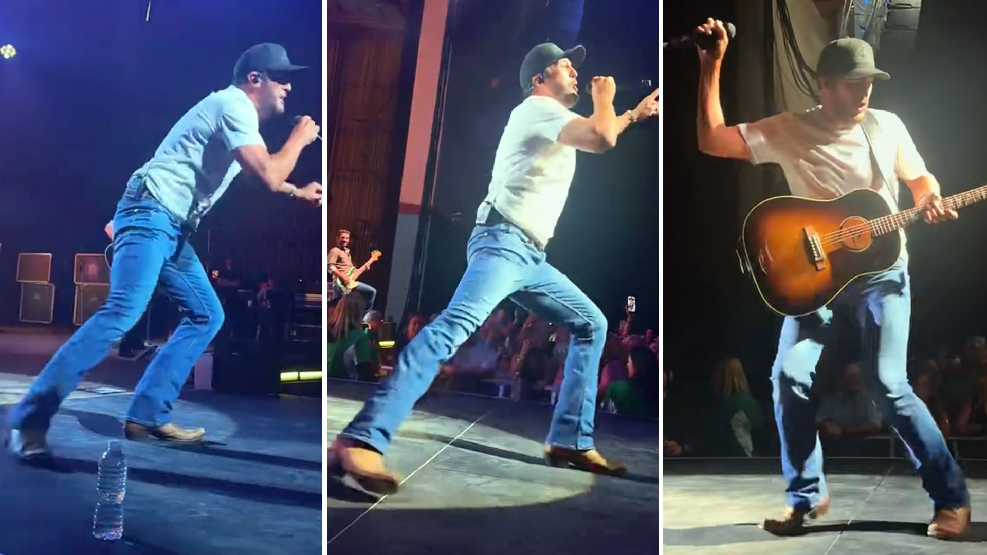 Luke Bryan catches himself mid-slip and turns it into a playful stage dance, entertaining the crowd with his quick recovery and signature charm.