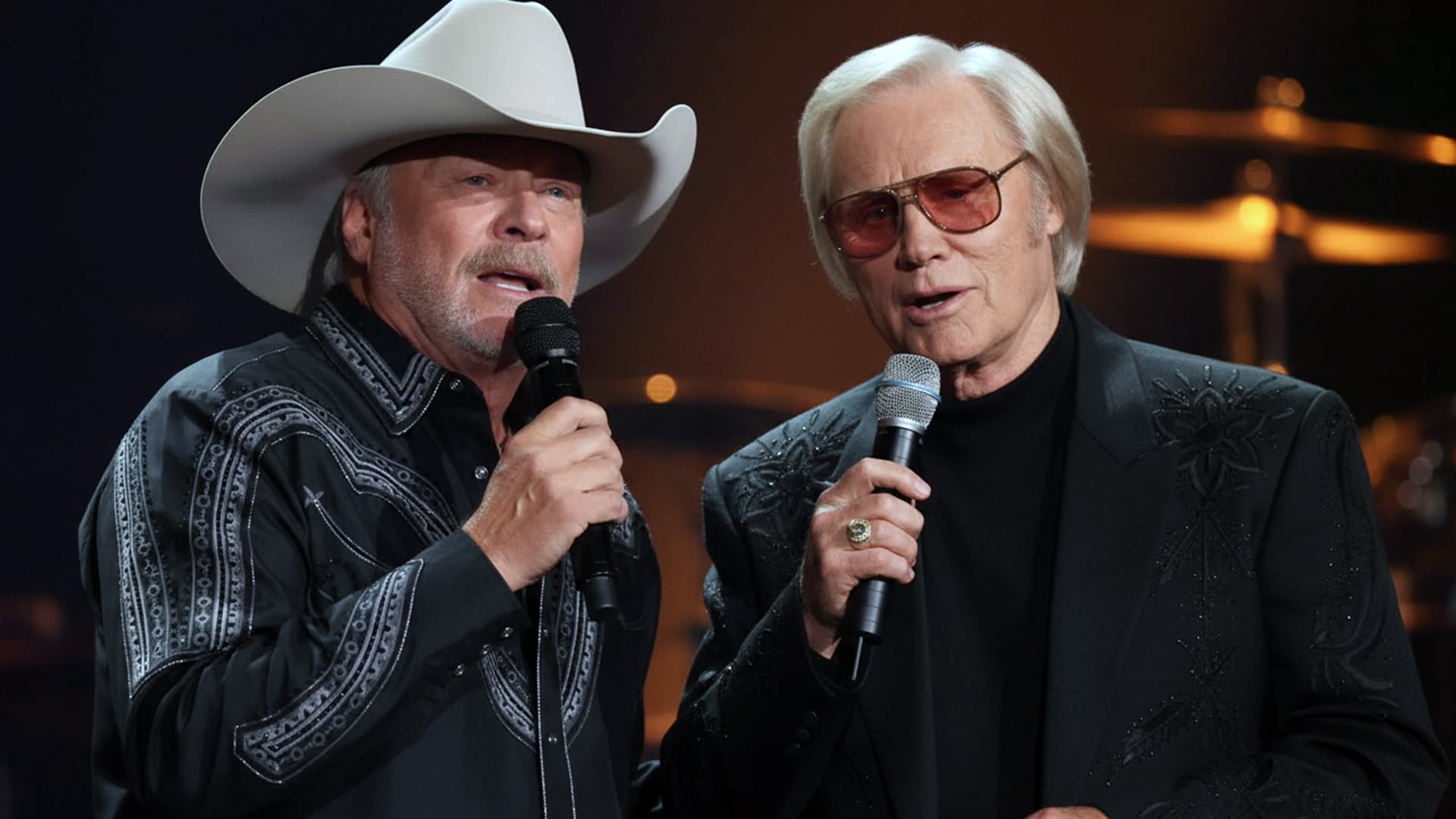 Alan Jackson and George Jones performing together on stage, their voices blending in a powerful Opry duet.