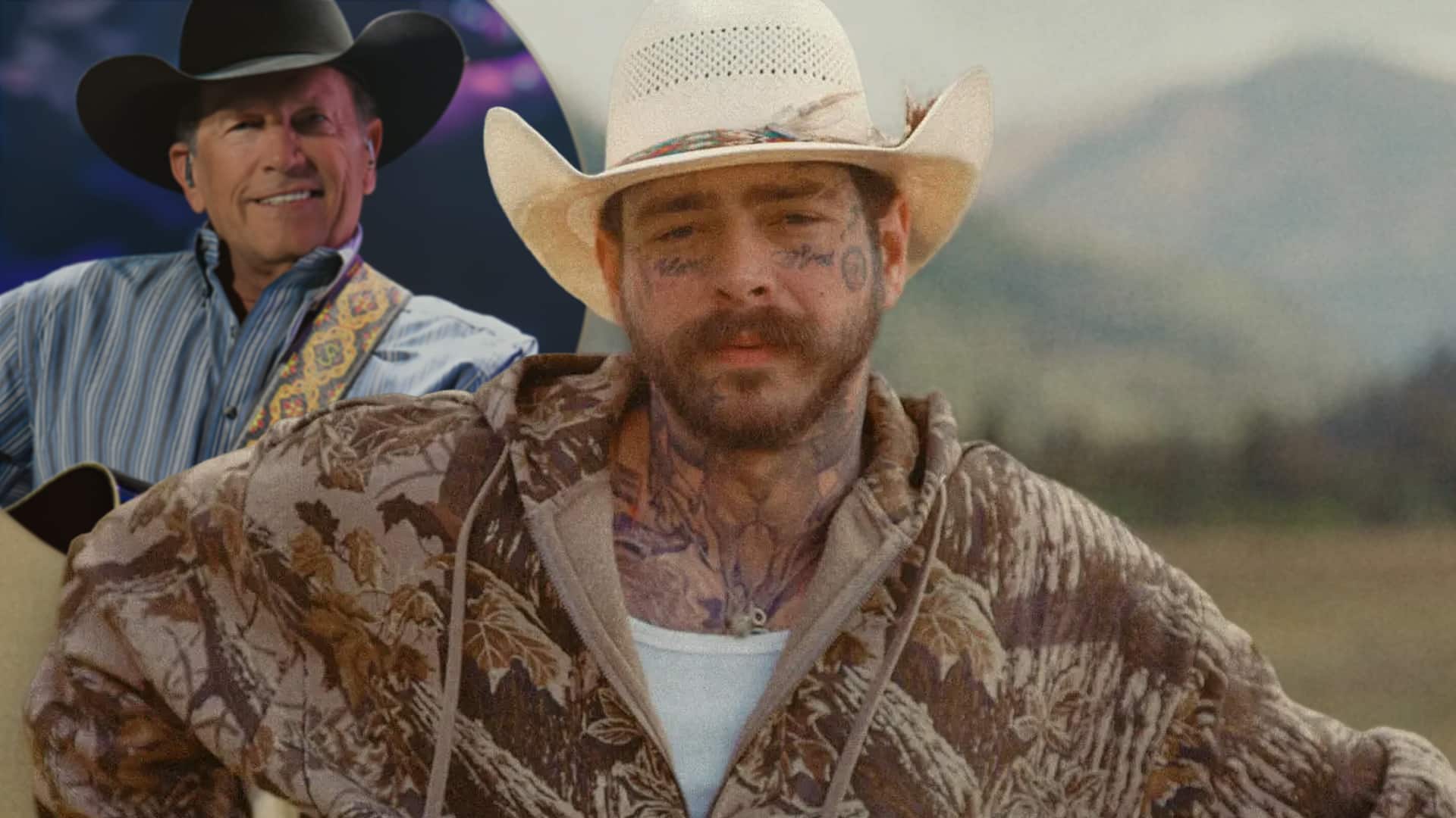 Post Malone in a cowboy hat with George Strait in the background, highlighting Malone’s daughter’s new love for the King of Country.