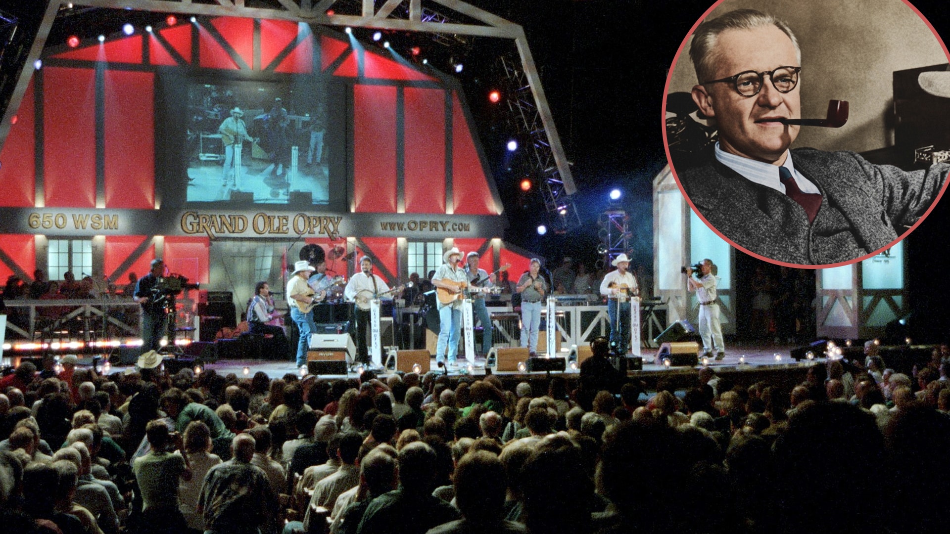 Who owns the Grand Ole Opry today? Packed Nashville show with full band on stage and inset photo of founder George D. Hay.