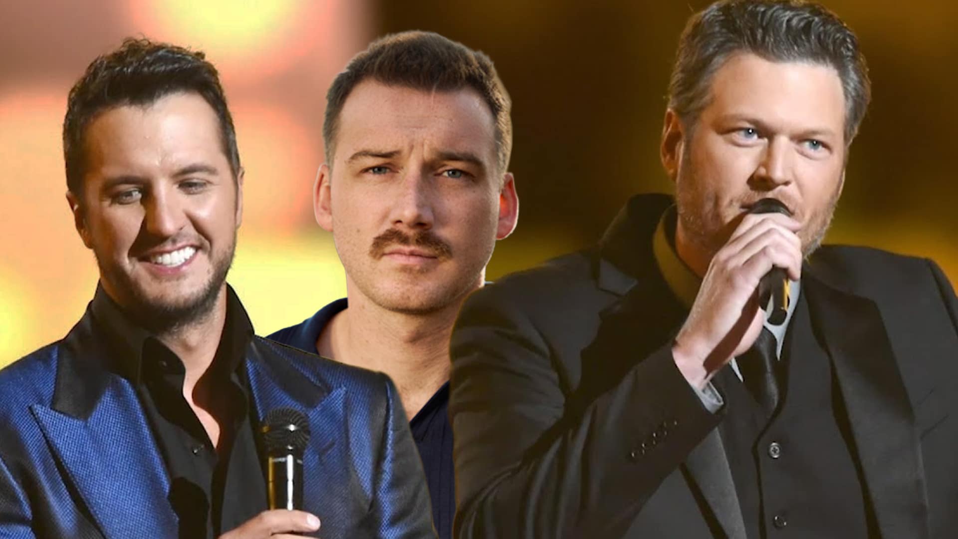 Luke Bryan smiling onstage and Blake Shelton holding a mic, as reports surface they’re frustrated with Morgan Wallen’s behavior.
