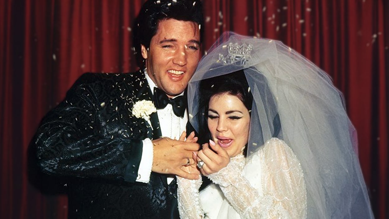 Elvis and Priscilla Presley on their wedding day, a moment now revisited amid new allegations linking Priscilla to financial pressure claims.