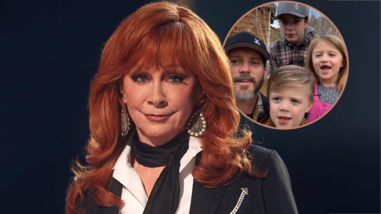 Reba McEntire at an event, with an inset photo of Brandon Blackstock and Kelly Clarkson’s children, as she discusses how they’re coping after his death.