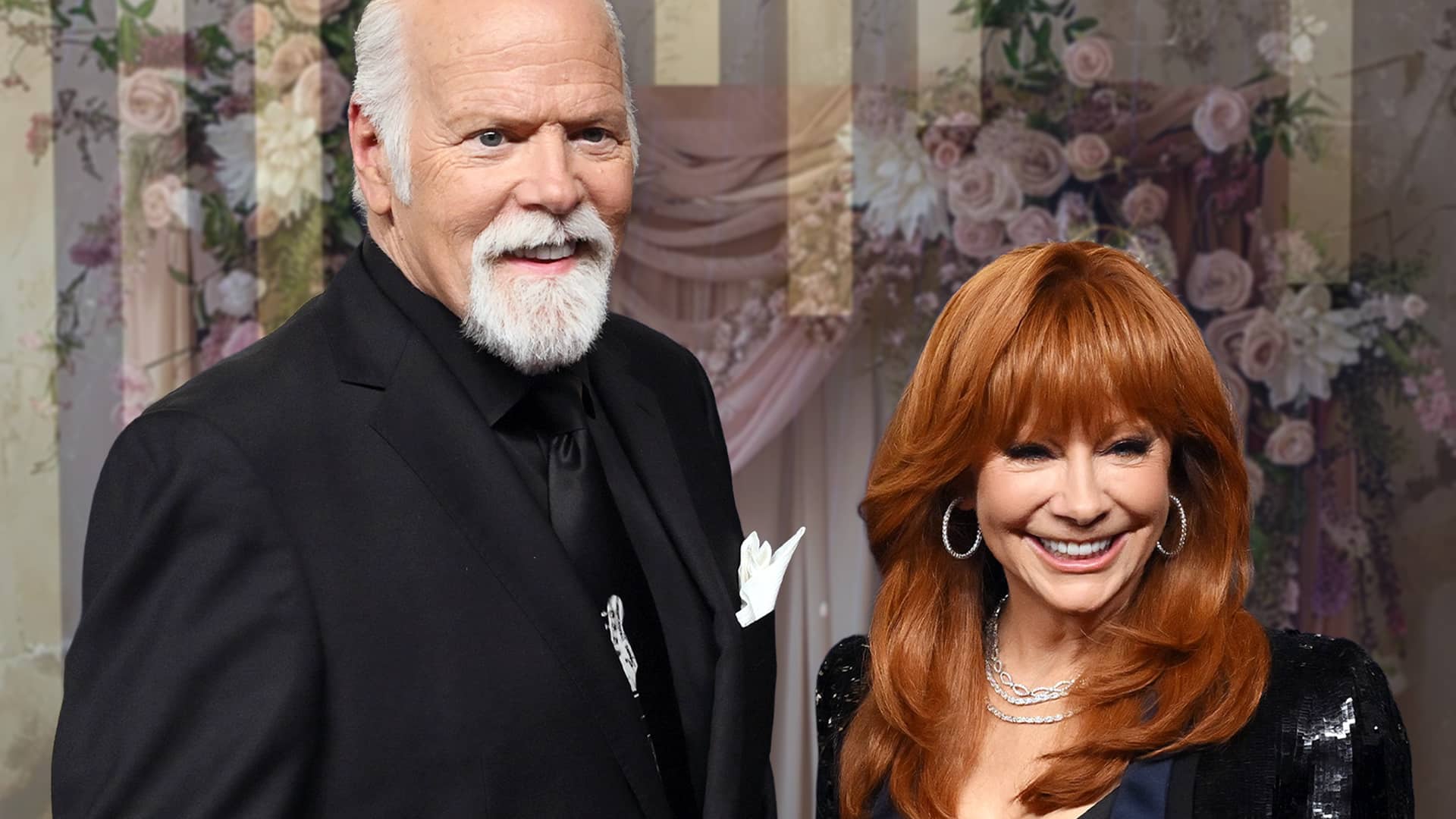 Reba McEntire and Rex Linn smiling together in formal wear, sparking speculation about their upcoming wedding after announcing their engagement.