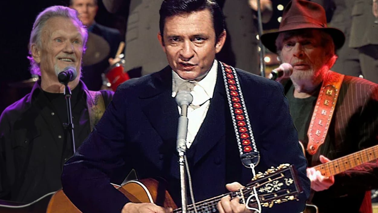 Johnny Cash performing with guitar, remembered through heartfelt eulogies from Bob Dylan, Merle Haggard, and Kris Kristofferson.