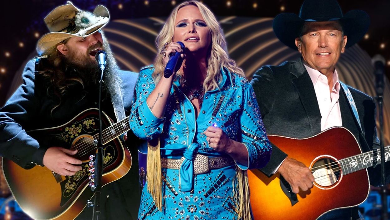 Country icons Chris Stapleton, Miranda Lambert, and George Strait onstage, highlighting the artists who dominate CMA Awards history.