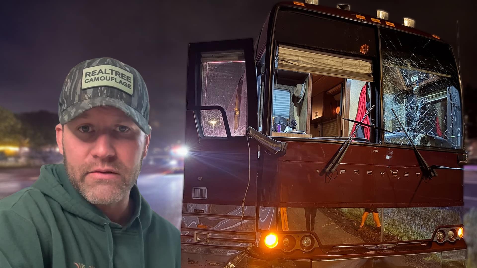 Country singer Drake White addressing fans after his tour bus accident, with the cracked windshield behind him symbolizing a scary moment on the road.