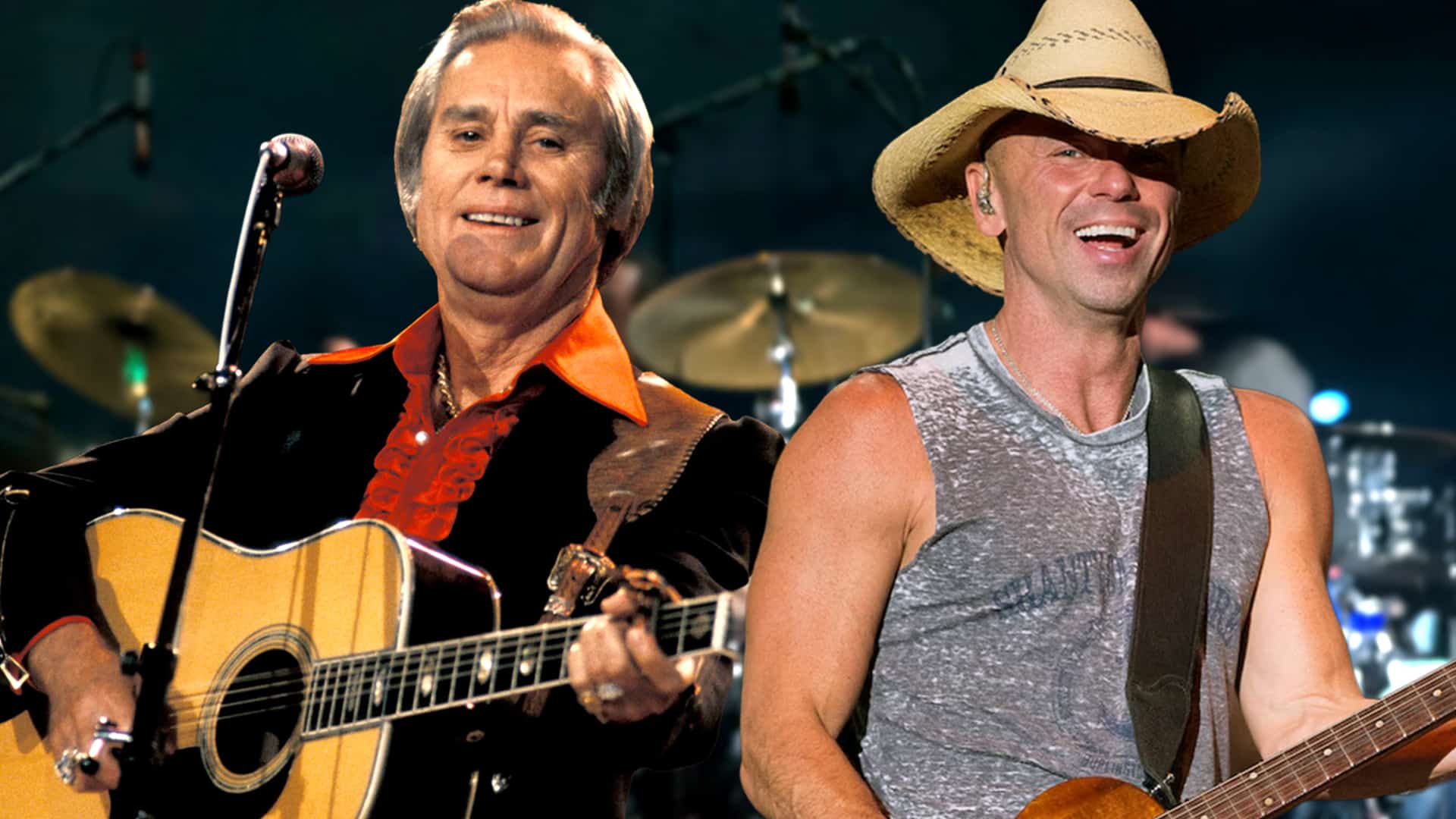 George Jones and Kenny Chesney performing with guitars, representing the friendship that began when the country legends shared a private jet ride.